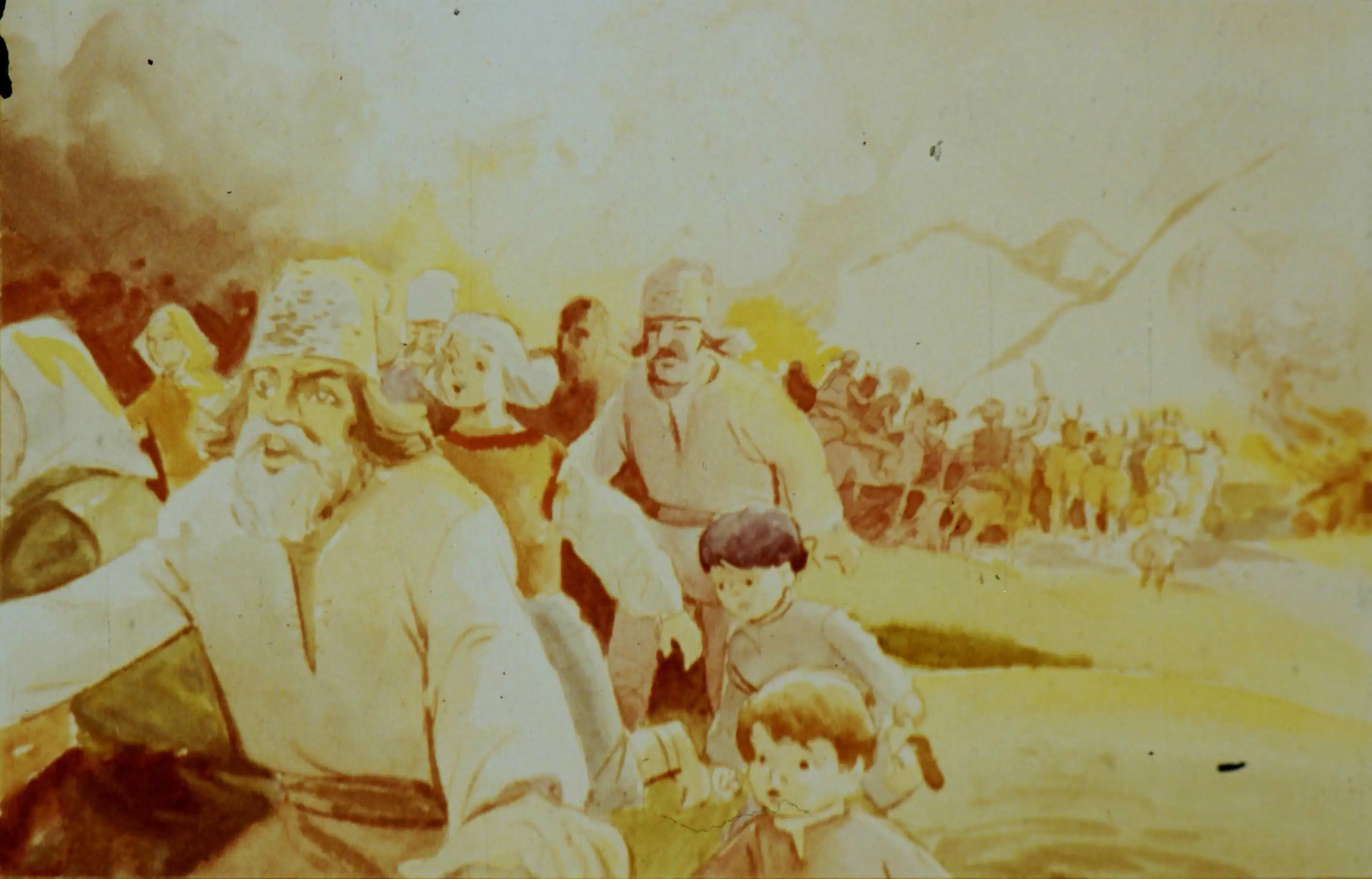 Imagine ilustrând o scenă de panică, cu personaje fugind printre umbre și fum, inclusiv copii și animale.