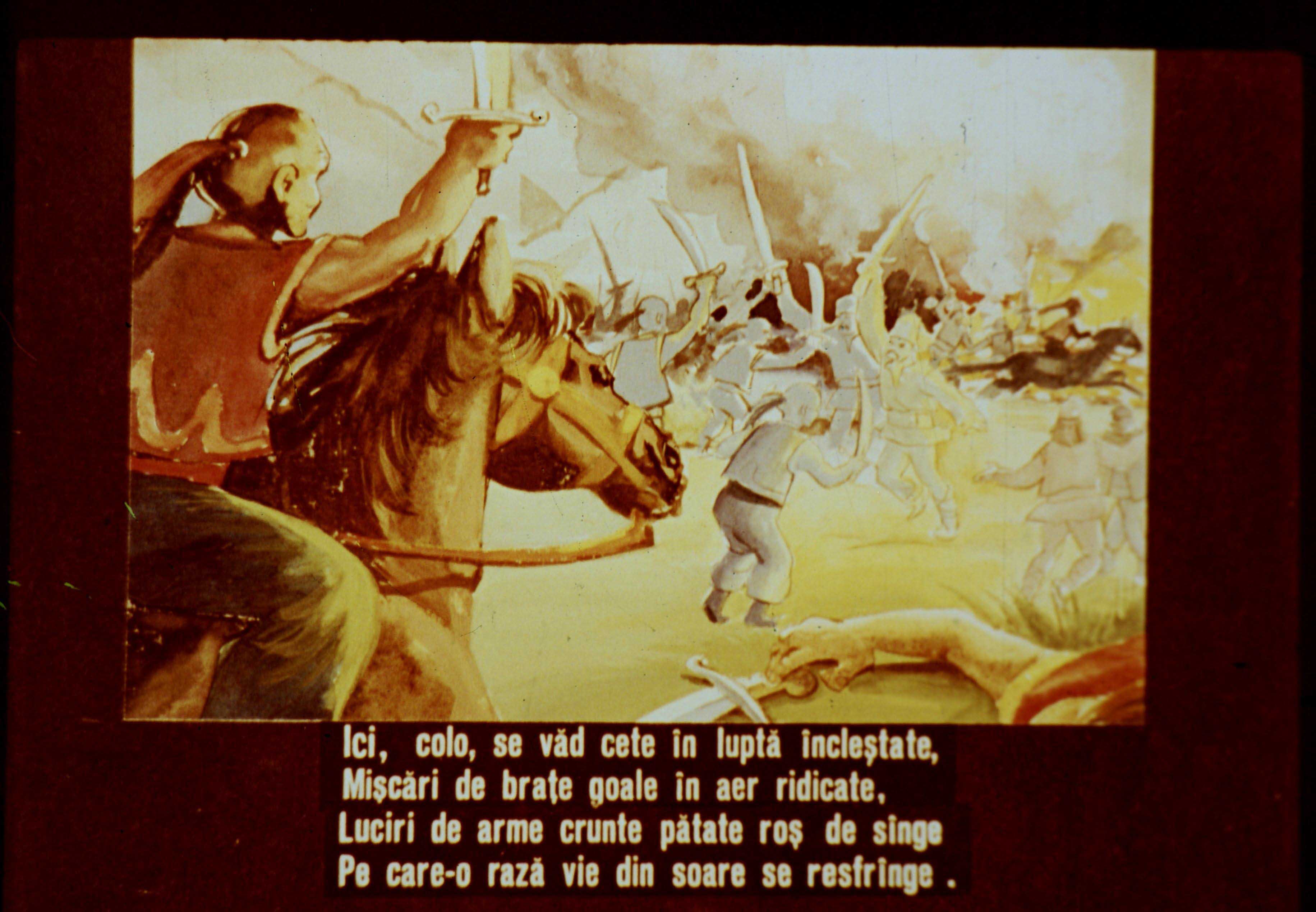 Imagine artistică reprezentând o bătălie tumultoasă, cu personaje în acțiune, pe fundalul unui peisaj dramatic.