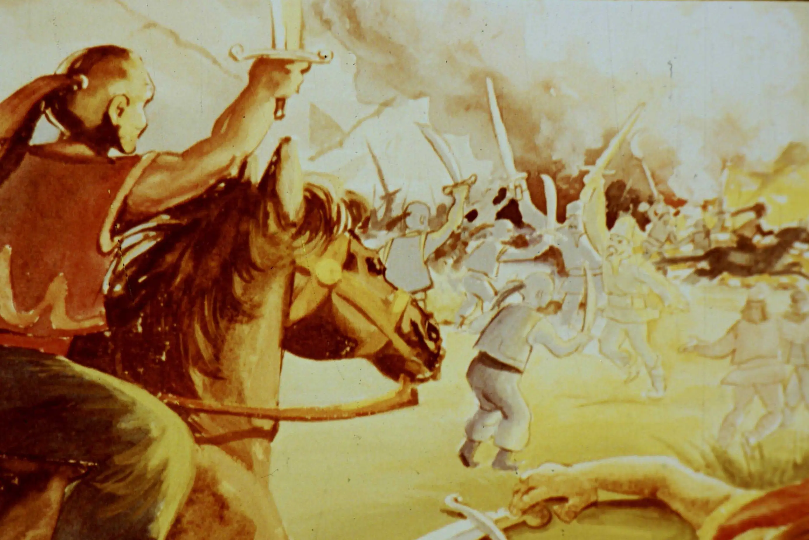 Imagine artistică reprezentând o bătălie tumultoasă, cu personaje în acțiune, pe fundalul unui peisaj dramatic.