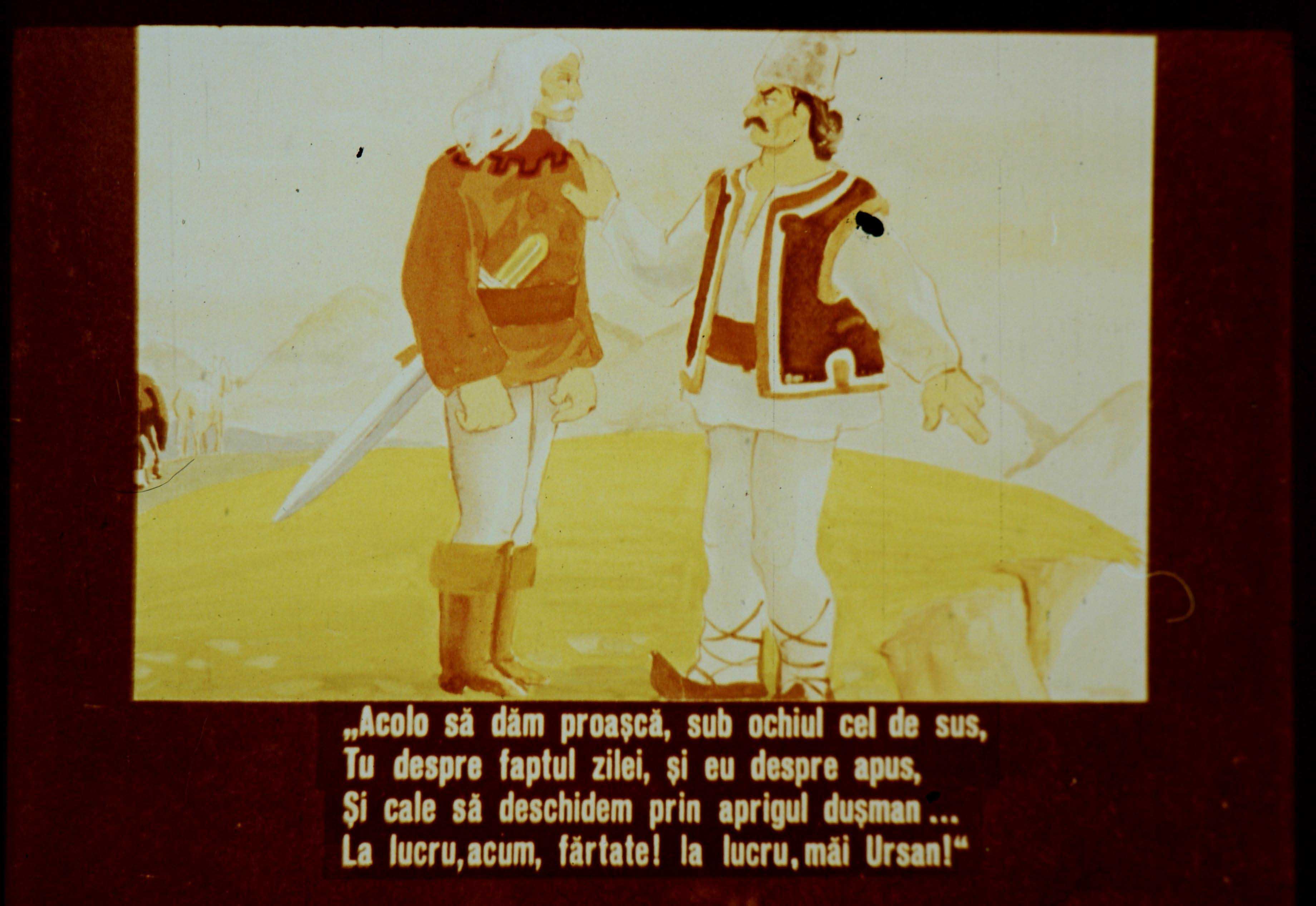 Ilustrație cu personaje care discută pe un fundal natural.