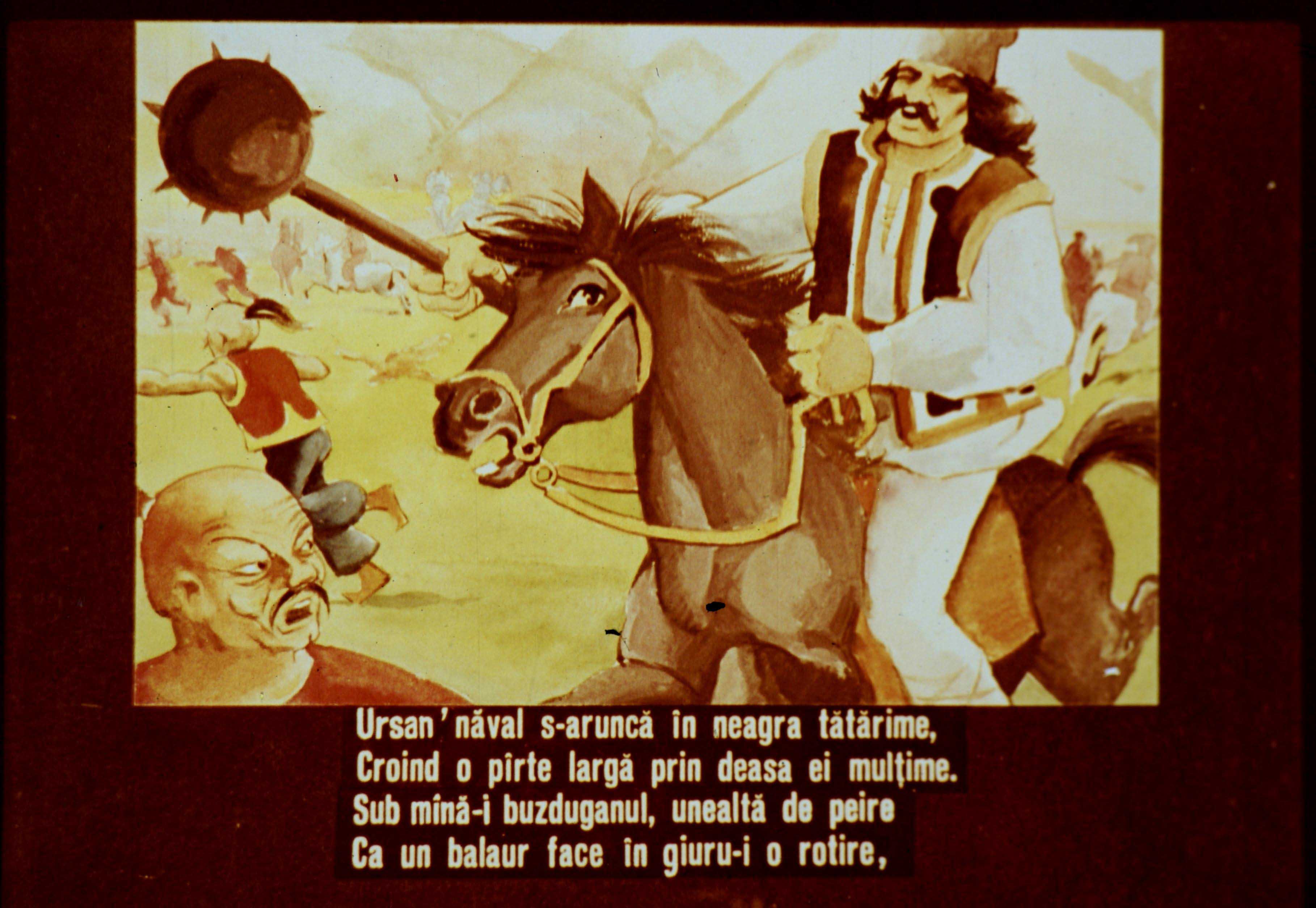 Imaginea ilustrează o scenă dintr-o luptă, cu un personaj călare și un altul pe jos, cu textul despre un urs care atacă.