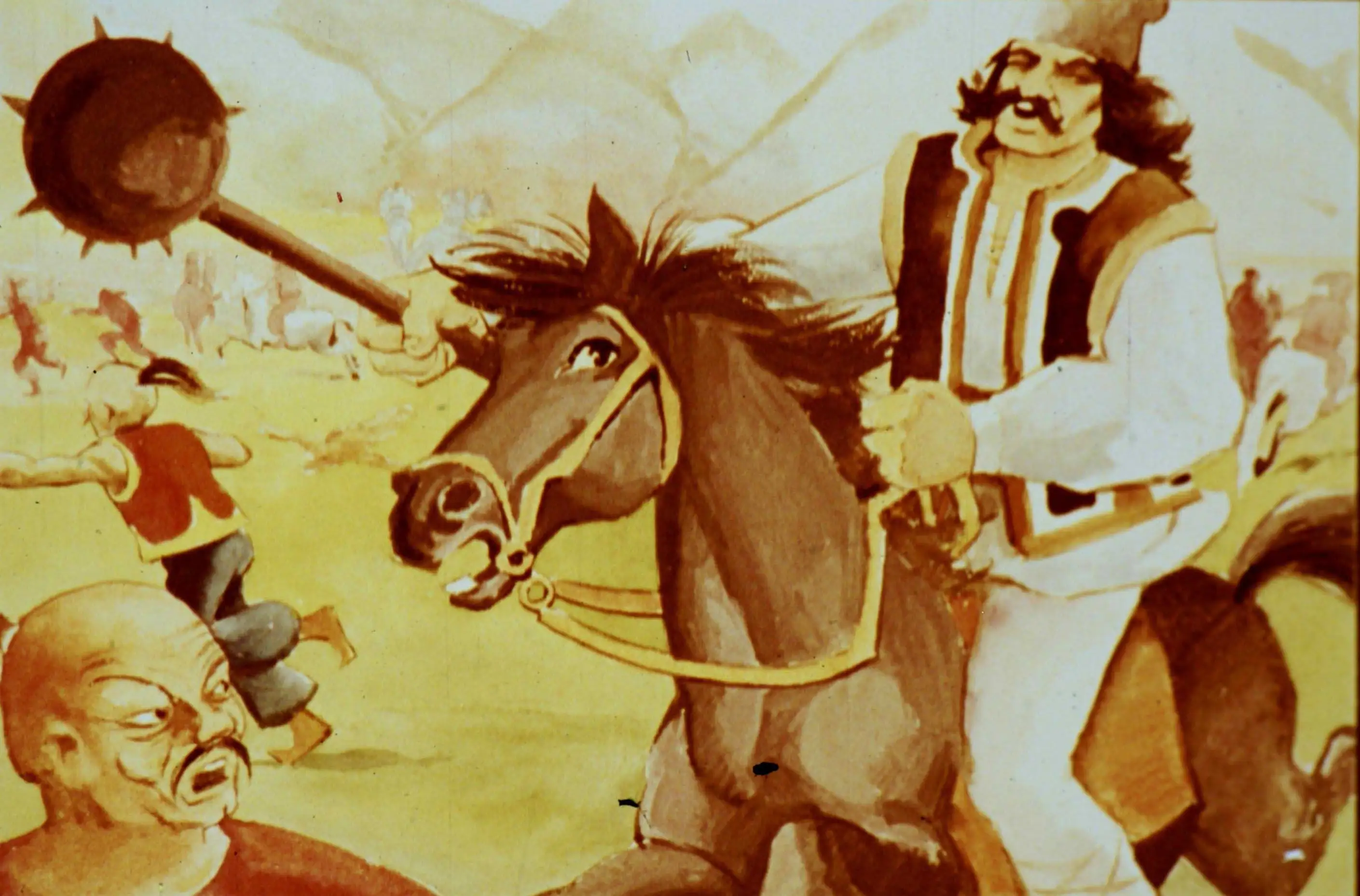 Imaginea ilustrează o scenă dintr-o luptă, cu un personaj călare și un altul pe jos, cu textul despre un urs care atacă.