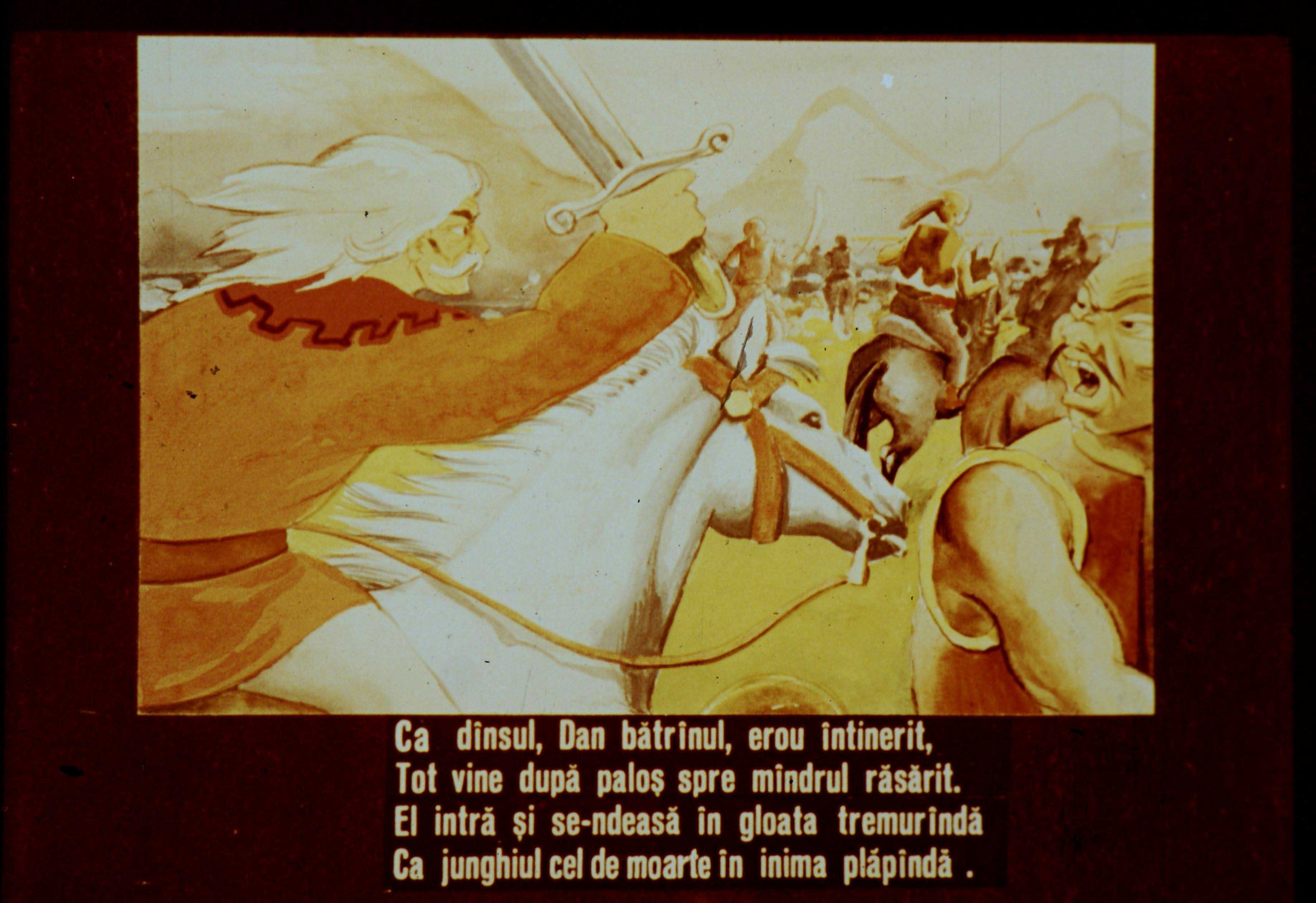 Ilustrație dramatică cu un erou pe cal, în mijlocul unei bătălii, îndreptându-se spre un apus simbolic.