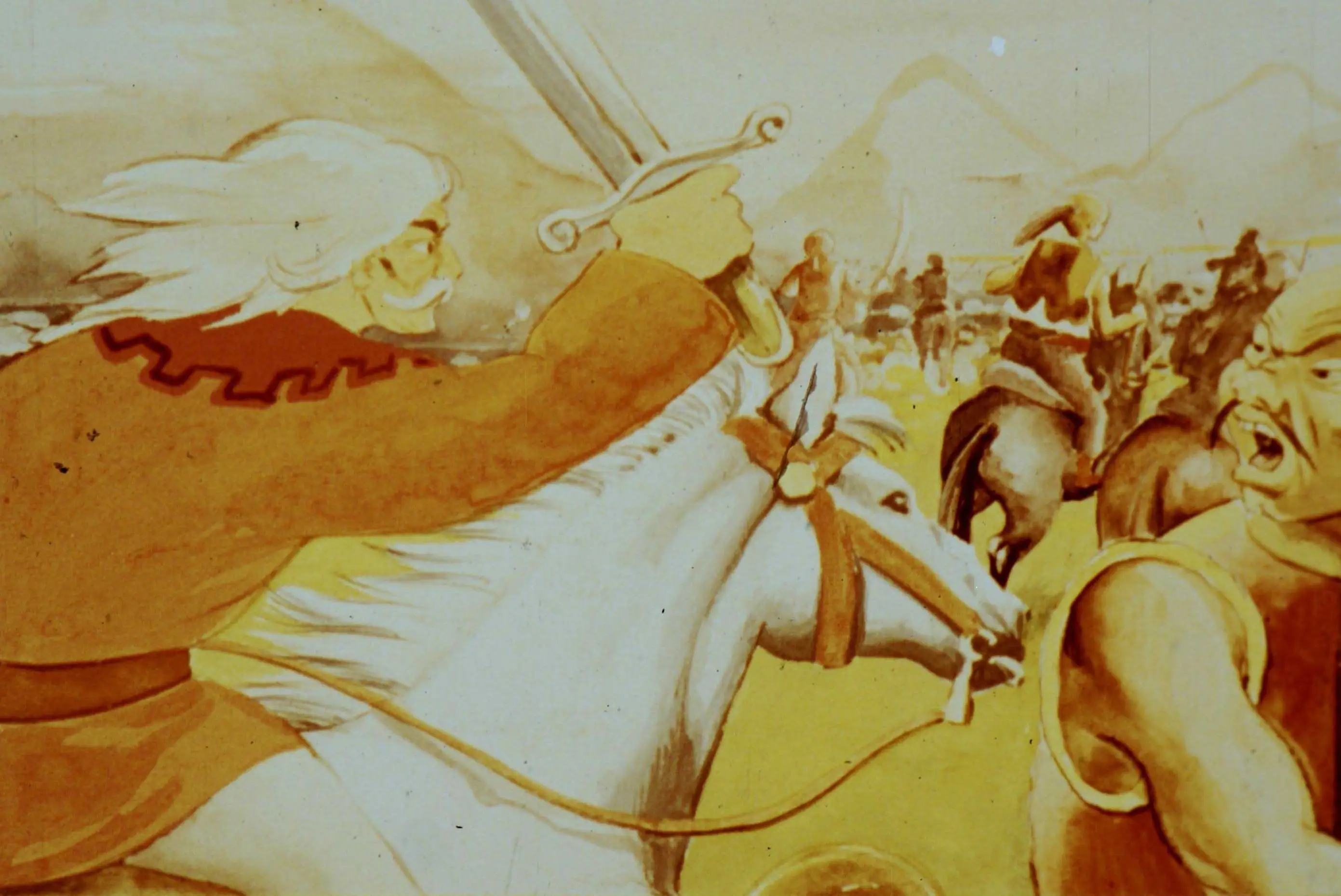 Ilustrație dramatică cu un erou pe cal, în mijlocul unei bătălii, îndreptându-se spre un apus simbolic.