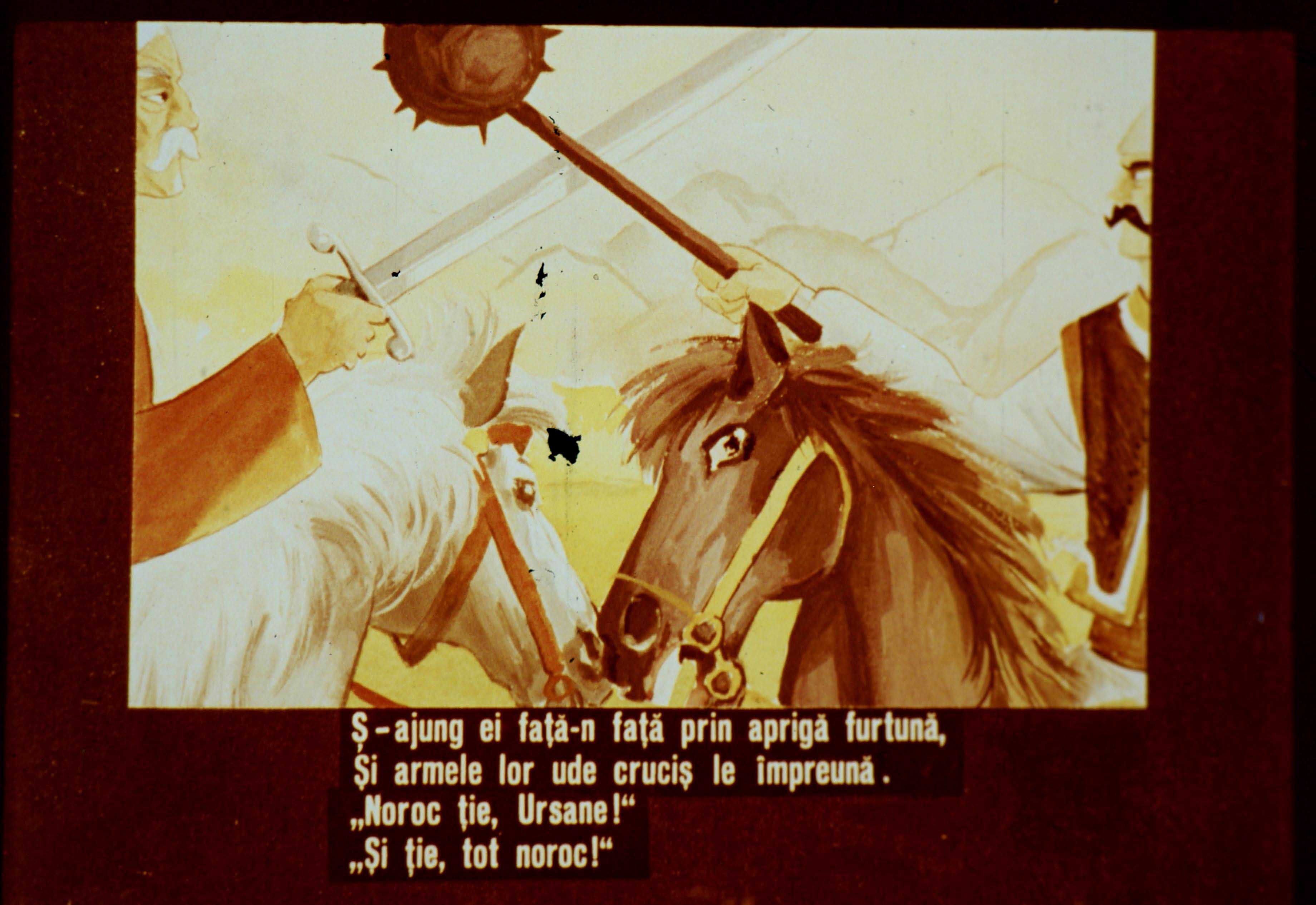 Ilustrație cu două personaje în luptă, armele lor se intersectează, text pe fundal care reflectă o confruntare dramatică.