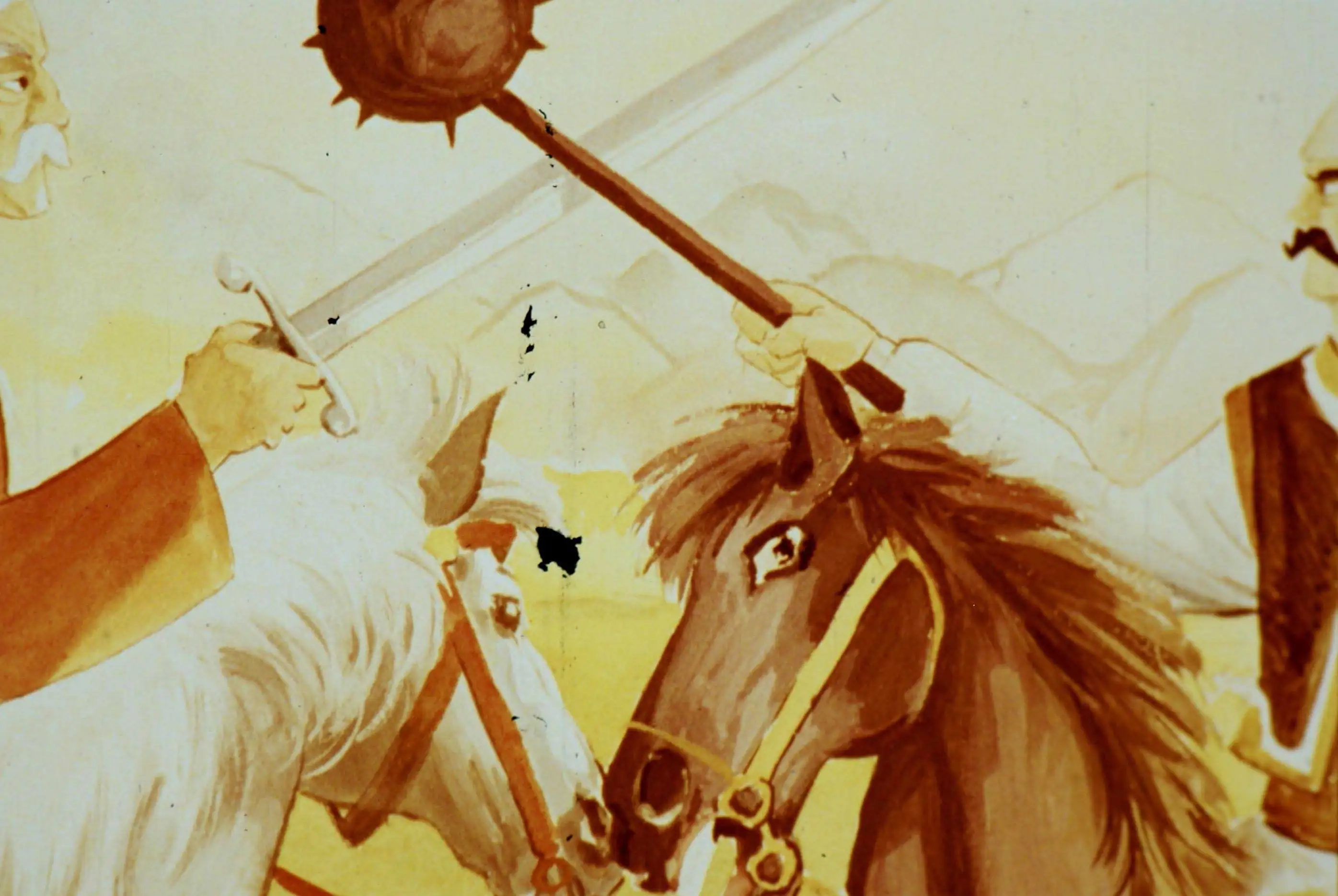 Ilustrație cu două personaje în luptă, armele lor se intersectează, text pe fundal care reflectă o confruntare dramatică.