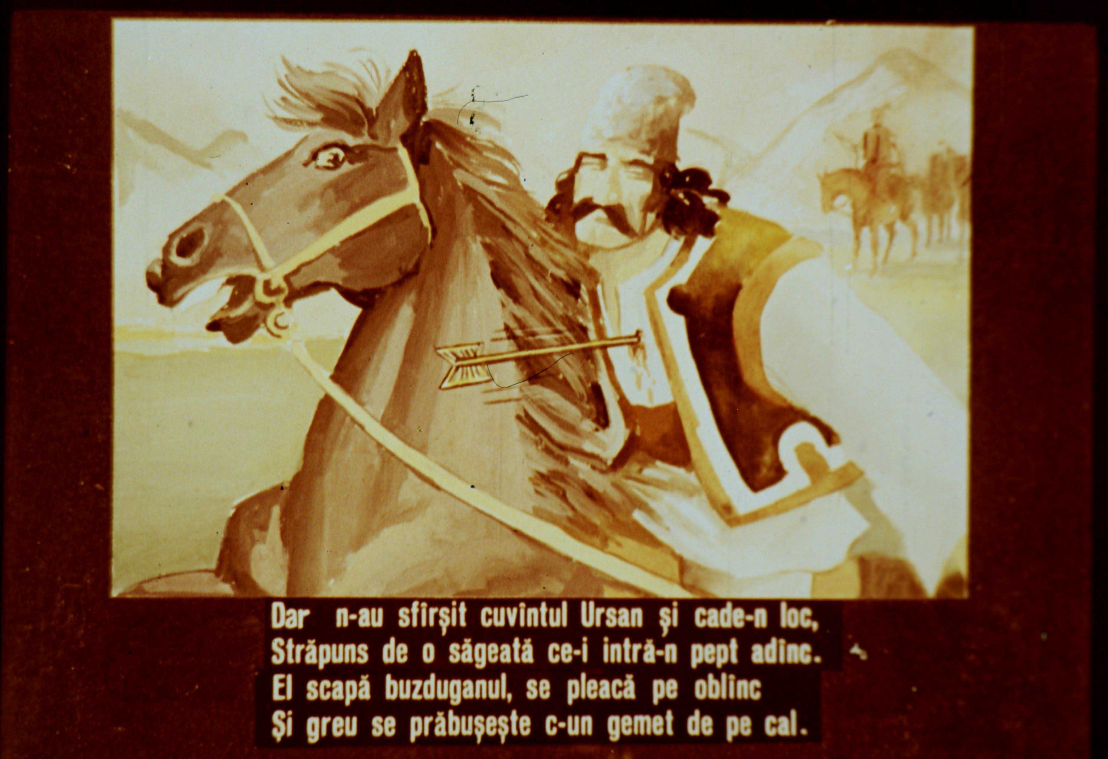 Ilustrație reprezentând un bărbat călăreț și un cal, cu text descriind o scenă dramatică.