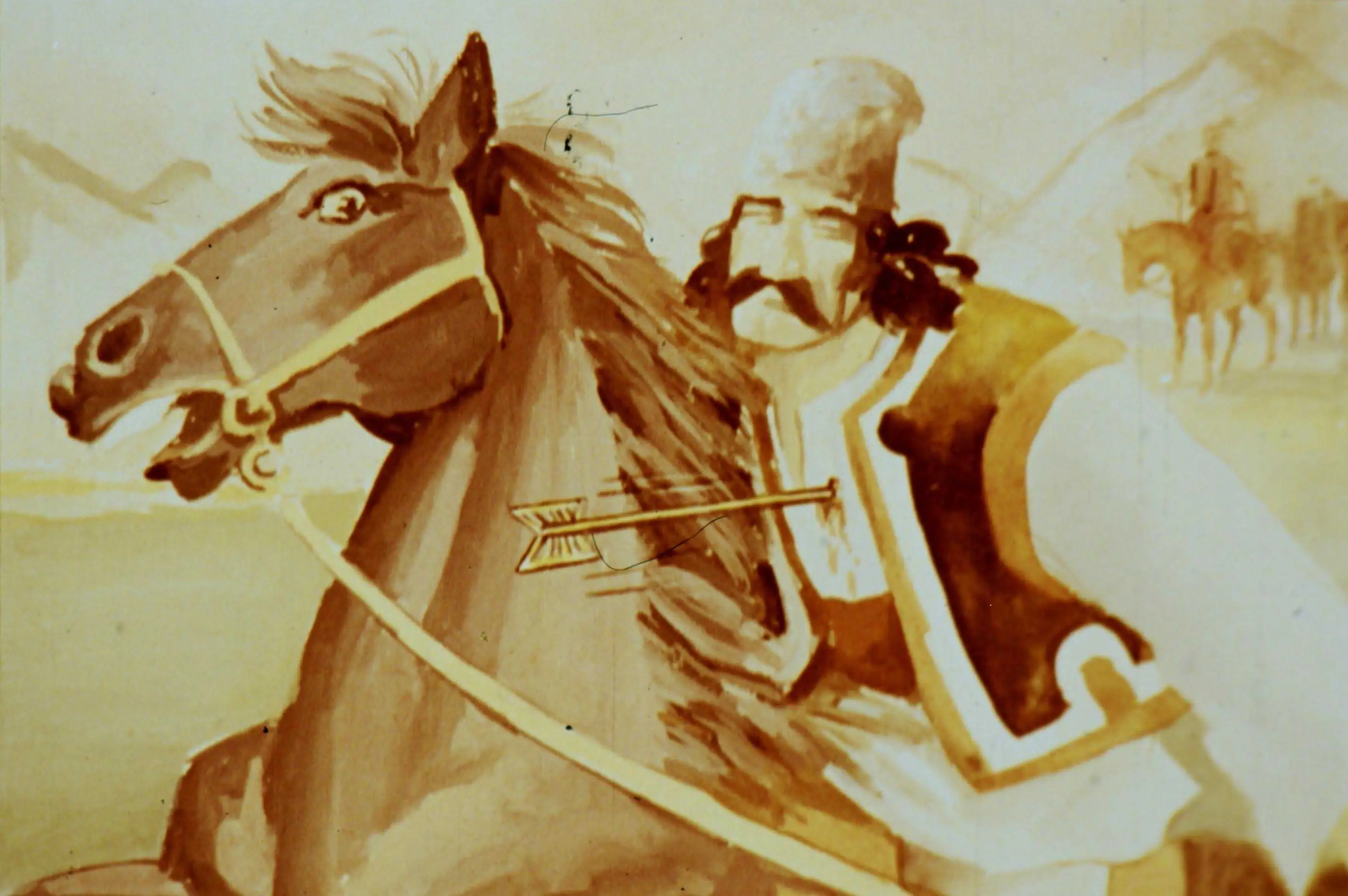 Ilustrație reprezentând un bărbat călăreț și un cal, cu text descriind o scenă dramatică.