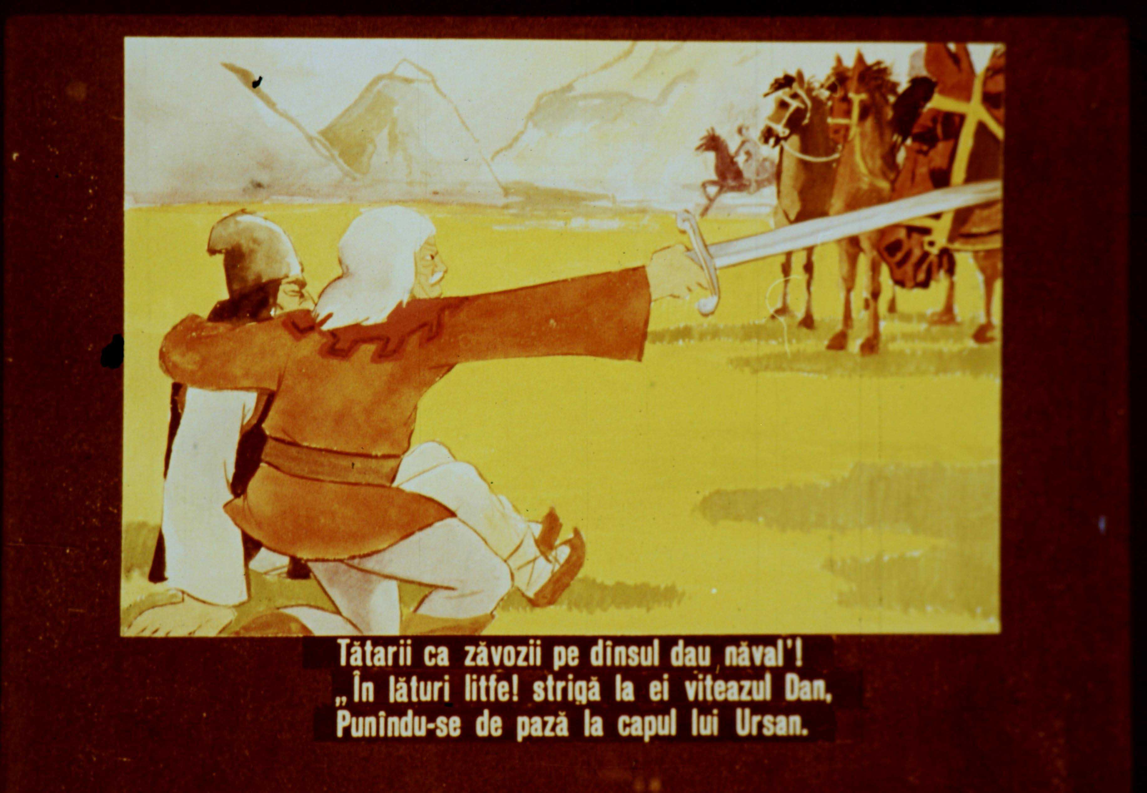 Imagine ilustrativă cu un bărbat în costum istoric, ținând o sabie și strigând, în fundal având soldați pe cai și un peisaj montan.