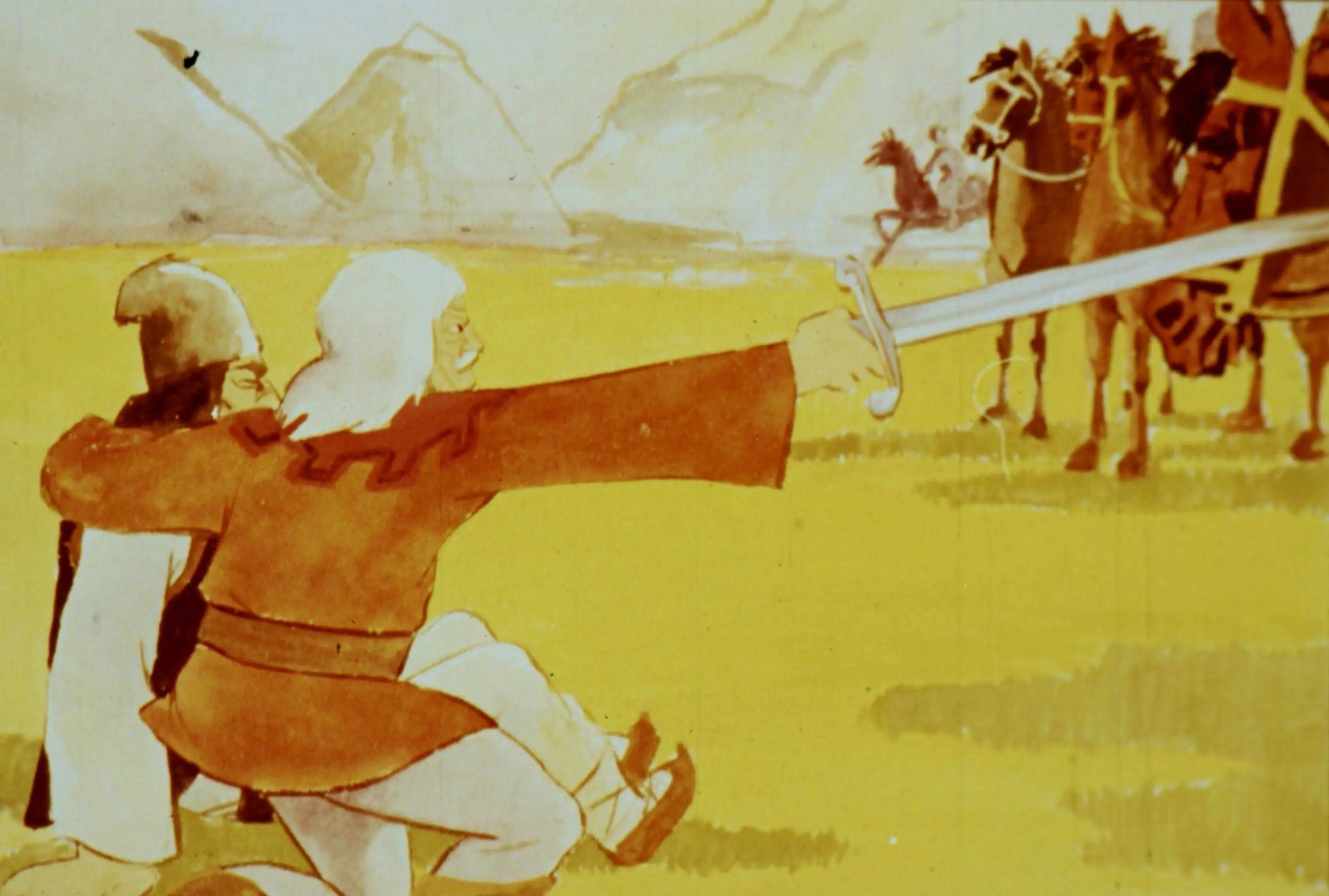 Imagine ilustrativă cu un bărbat în costum istoric, ținând o sabie și strigând, în fundal având soldați pe cai și un peisaj montan.