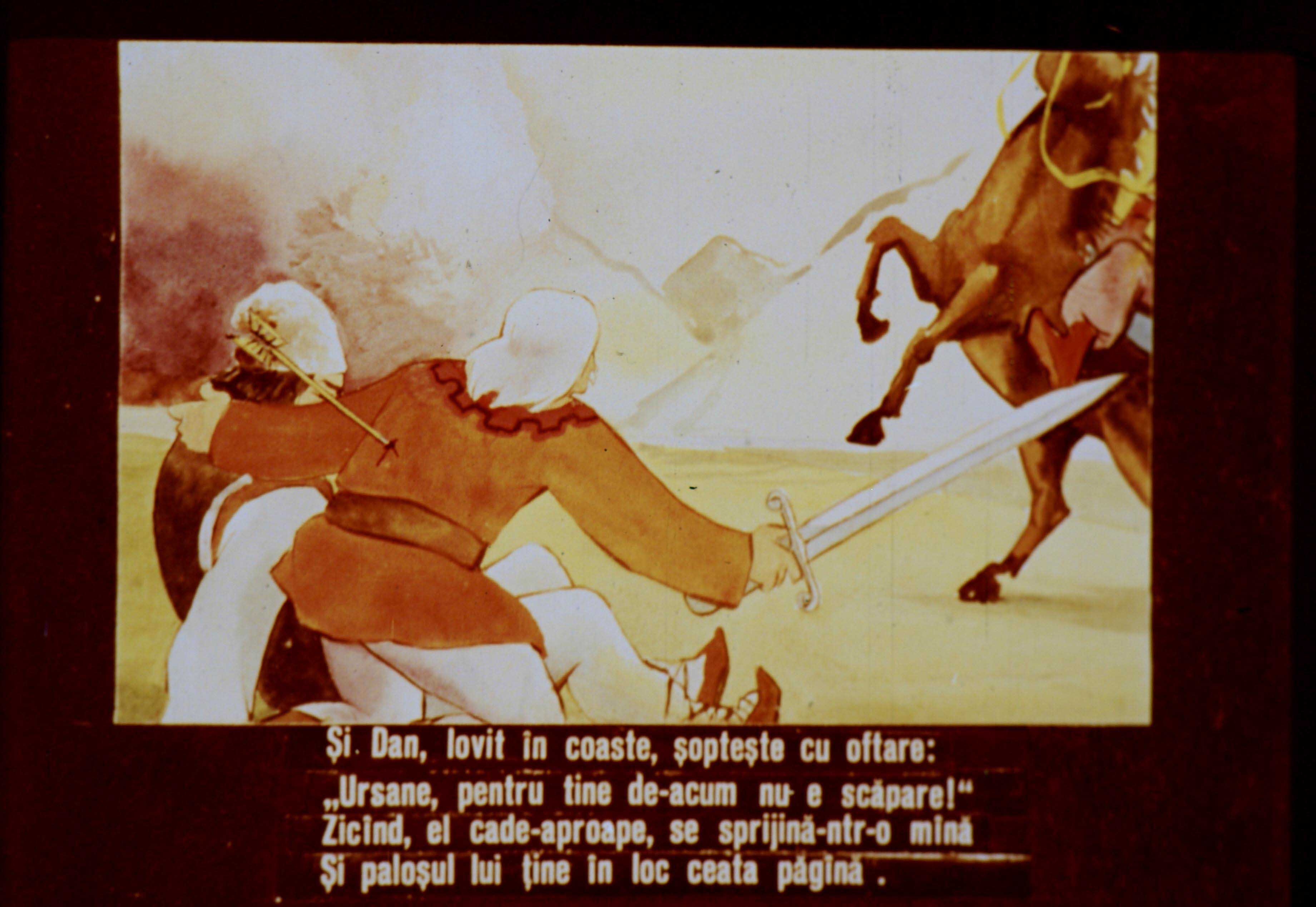 Ilustrație cu un bărbat rănit care șoptește un mesaj de avertizare către un alt personaj, în timp ce un cal apare în fundal.