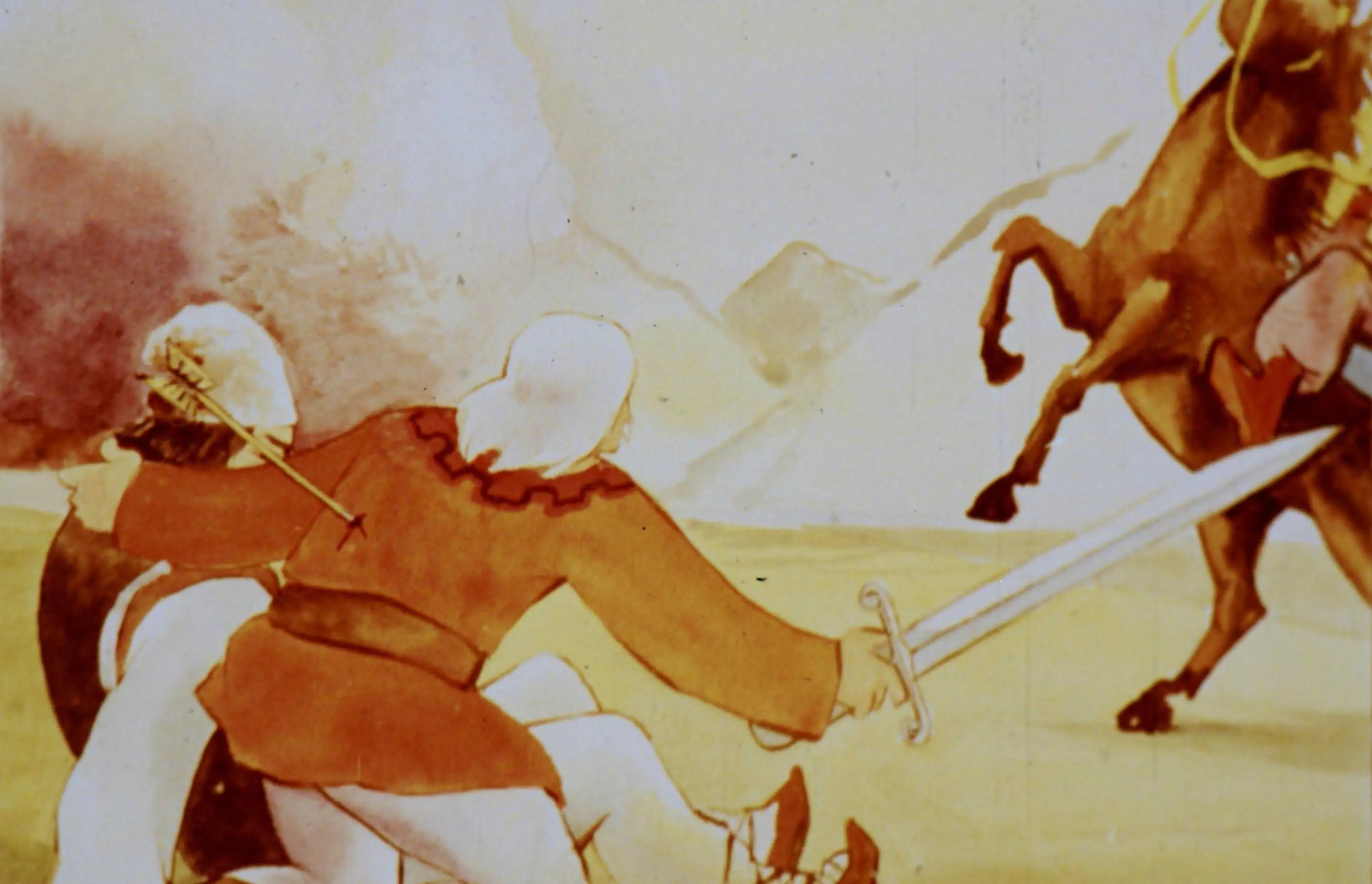 Ilustrație cu un bărbat rănit care șoptește un mesaj de avertizare către un alt personaj, în timp ce un cal apare în fundal.