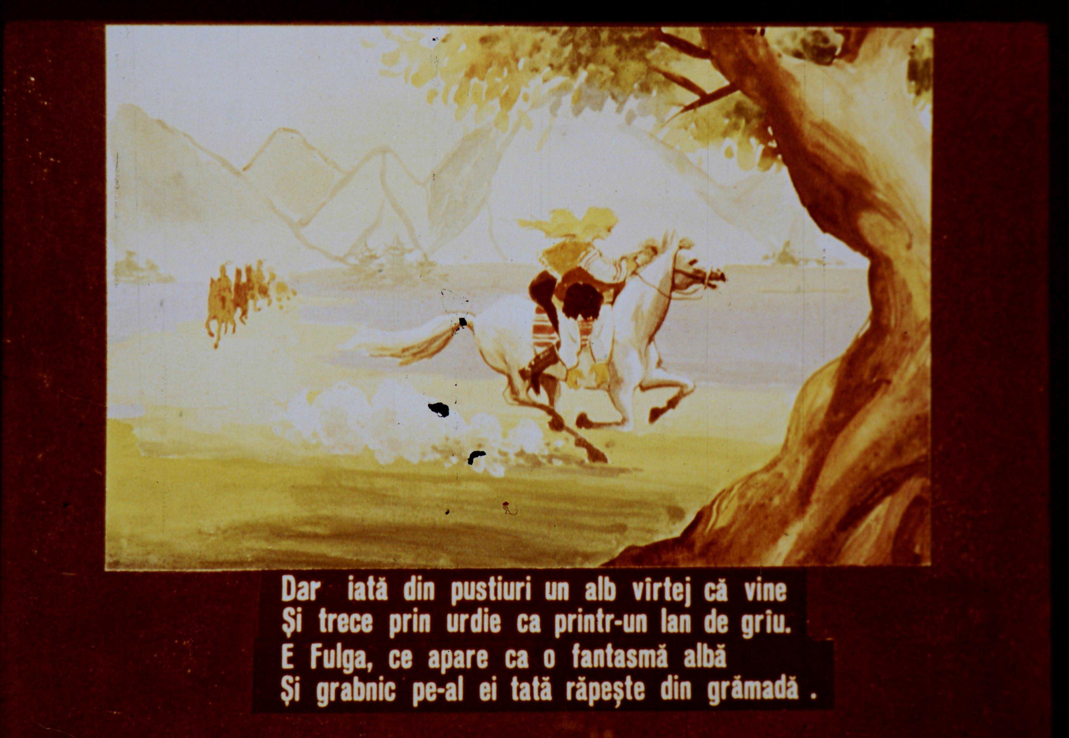 Ilustrație cu un cal alb și un călăreț care aleargă printr-un peisaj natural, cu munți în fundal și vegetație.