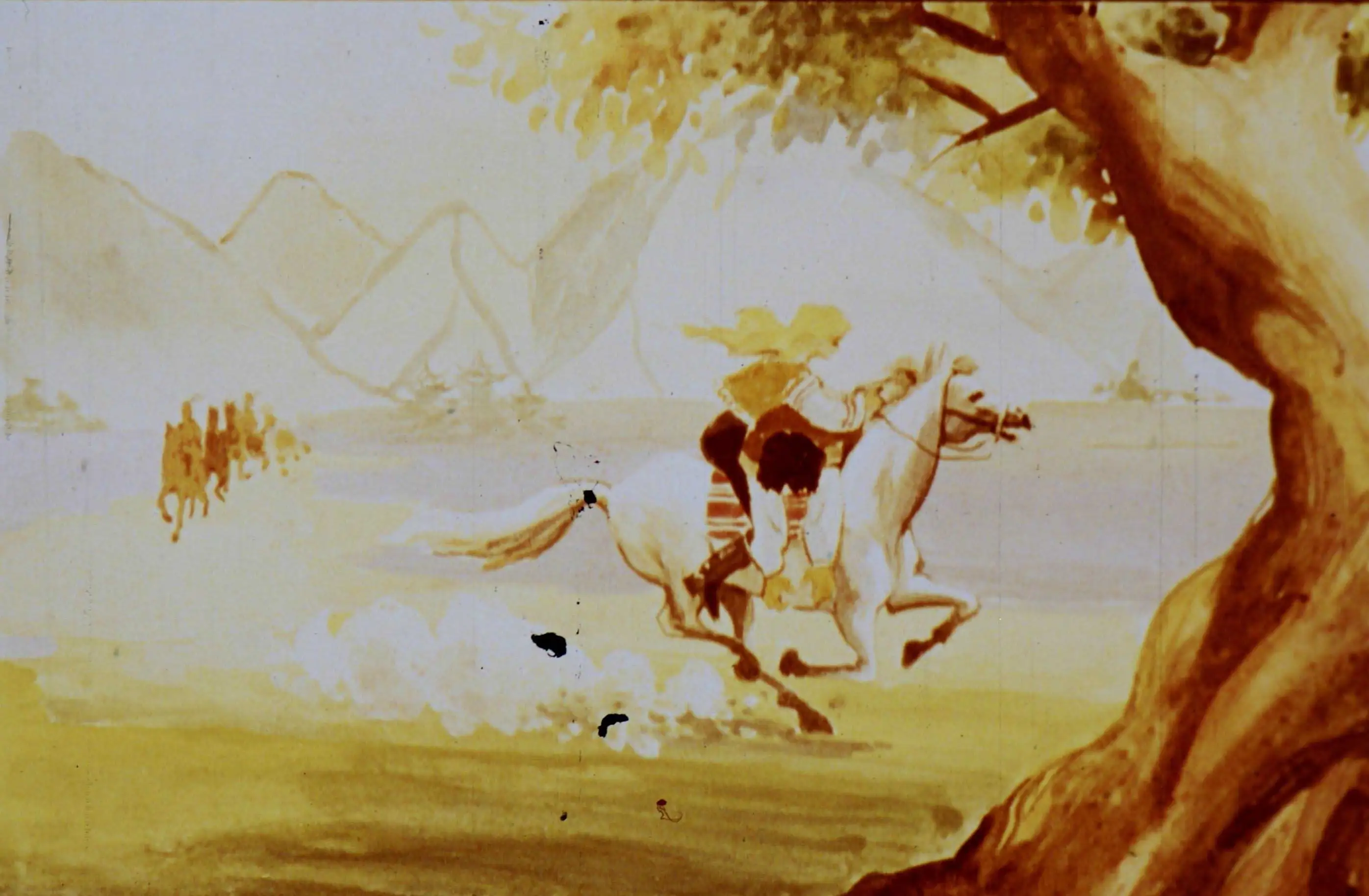 Ilustrație cu un cal alb și un călăreț care aleargă printr-un peisaj natural, cu munți în fundal și vegetație.