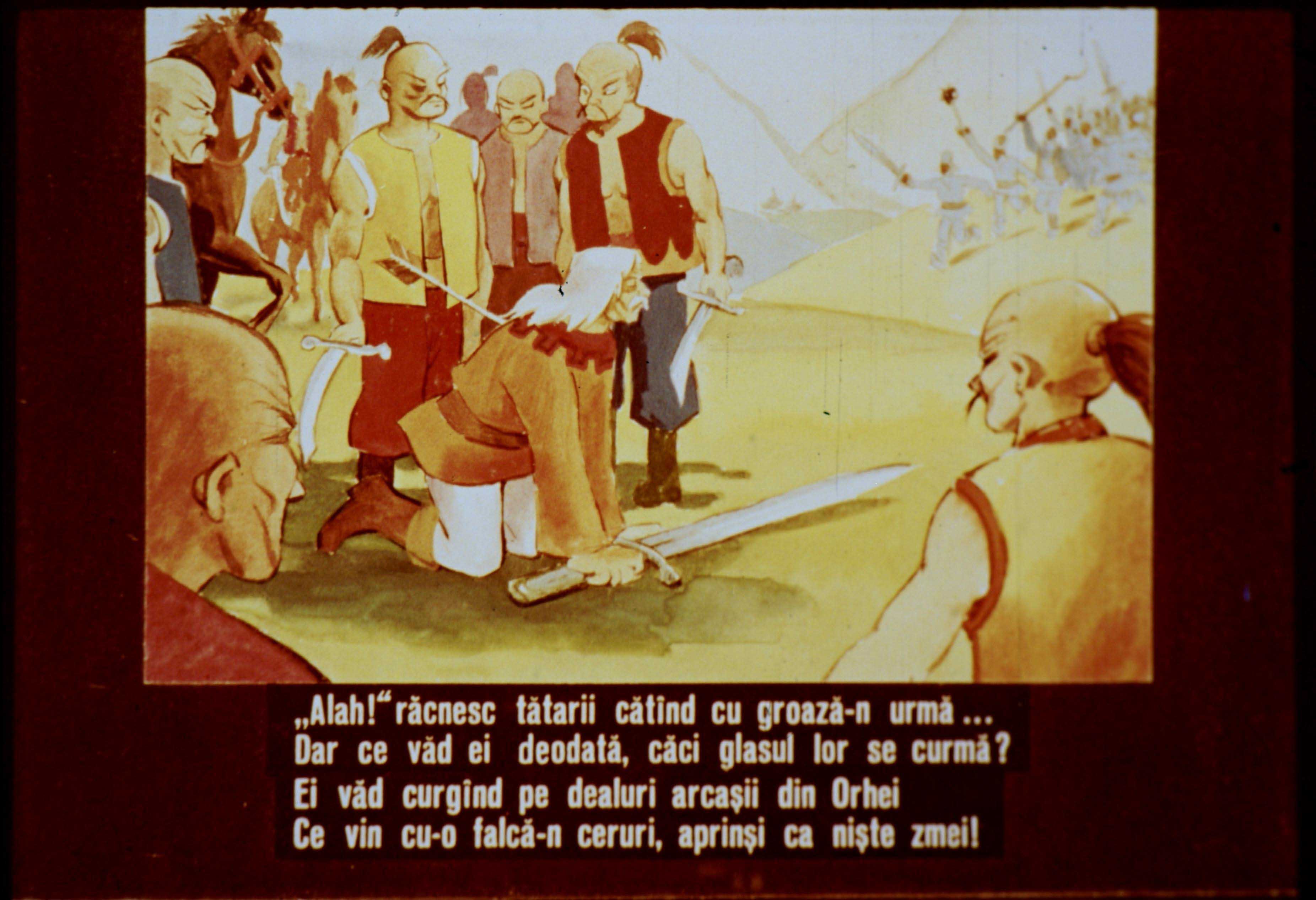 Ilustrație cu țărani vecinici care discută, un bărbat cu un săbii în centrul imaginii și arcași în fundal.