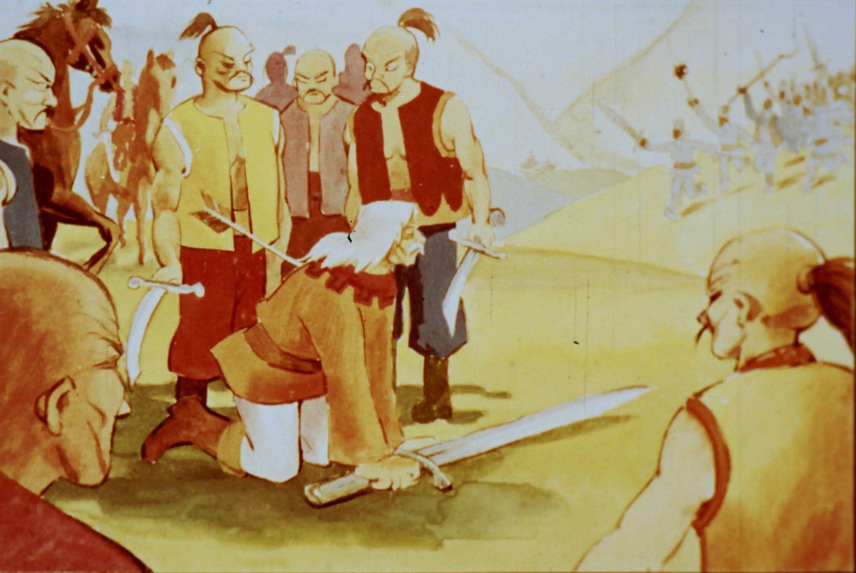 Ilustrație cu țărani vecinici care discută, un bărbat cu un săbii în centrul imaginii și arcași în fundal.