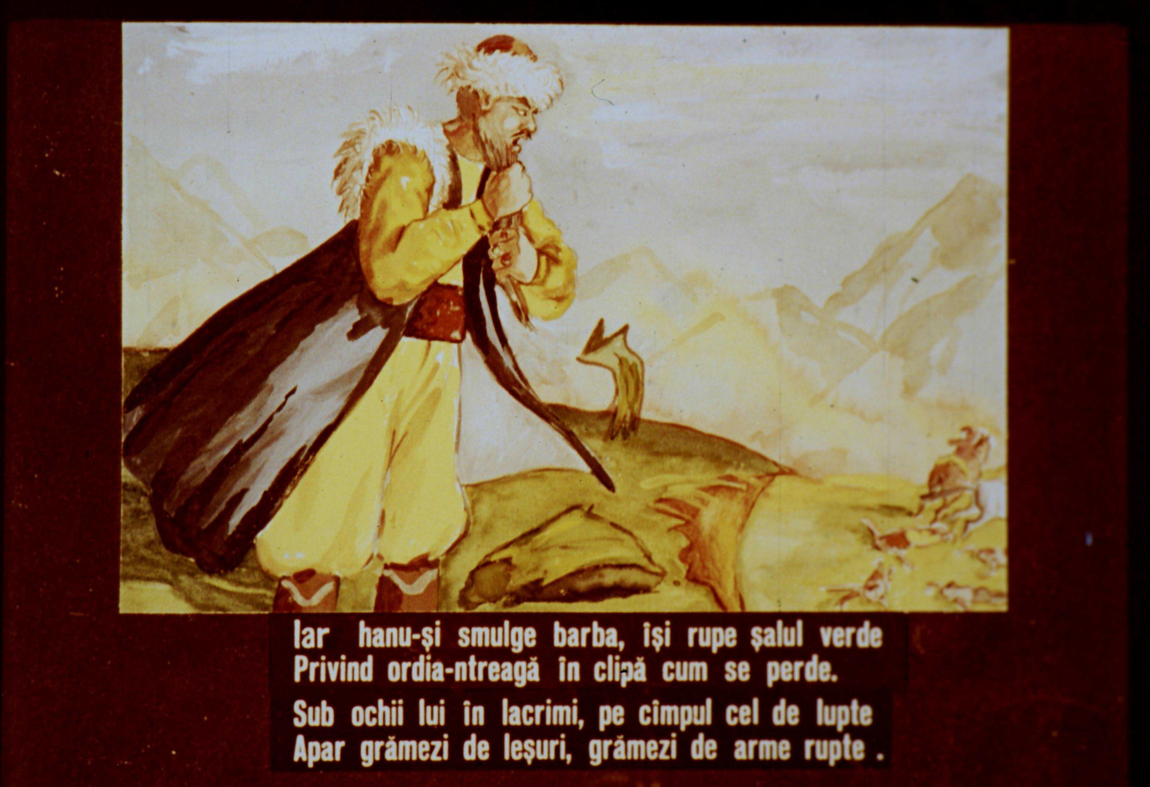 Ilustrație cu un bărbat îmbrăcat în haine tradiționale, având o expresie de tristețe, pe fondul unui peisaj montan, descriind o scenă de luptă.