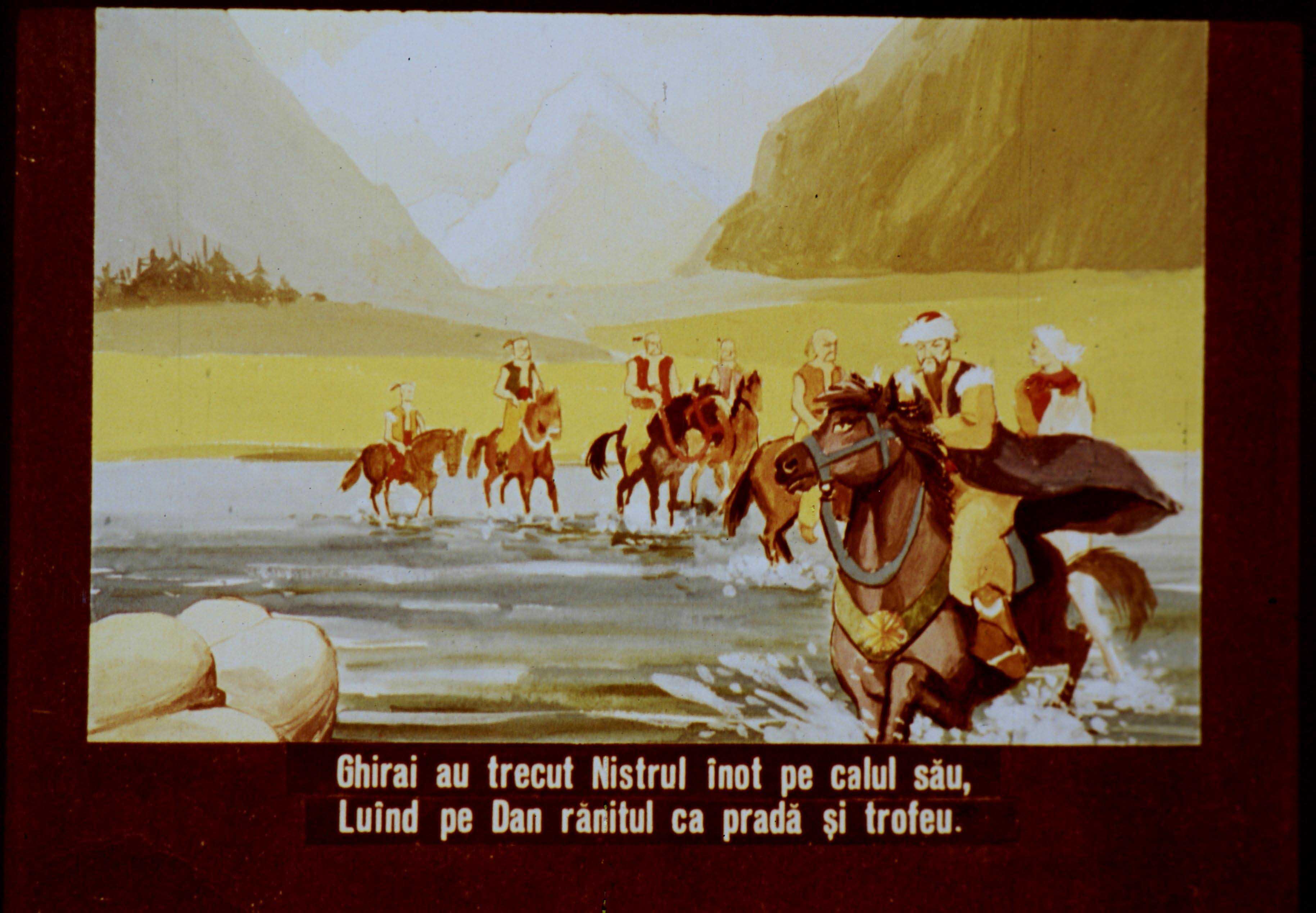 Imagine artistică cu cavaleri traversând un râu, cu un text în partea de jos despre Ghirai și victoriile sale.