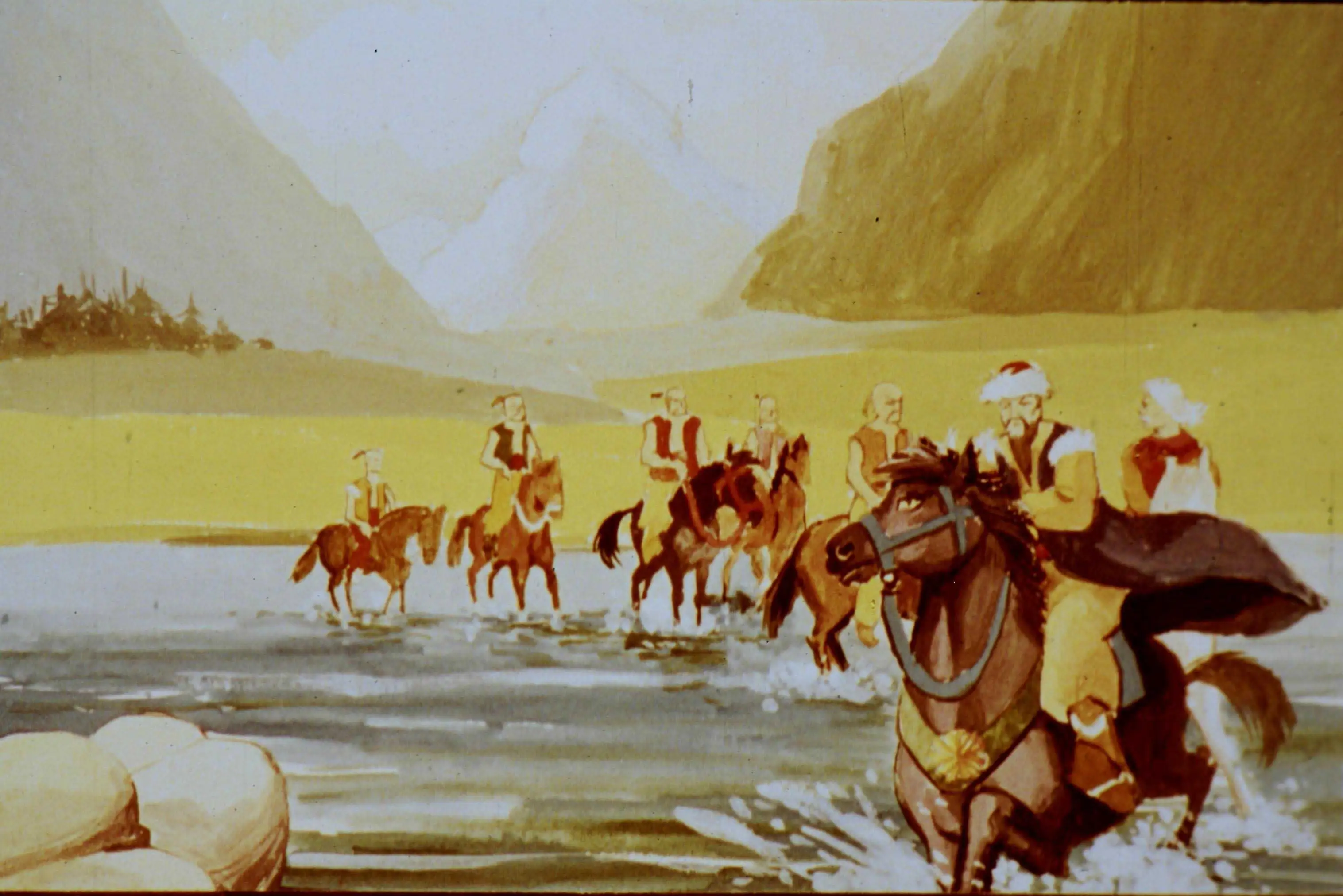 Imagine artistică cu cavaleri traversând un râu, cu un text în partea de jos despre Ghirai și victoriile sale.