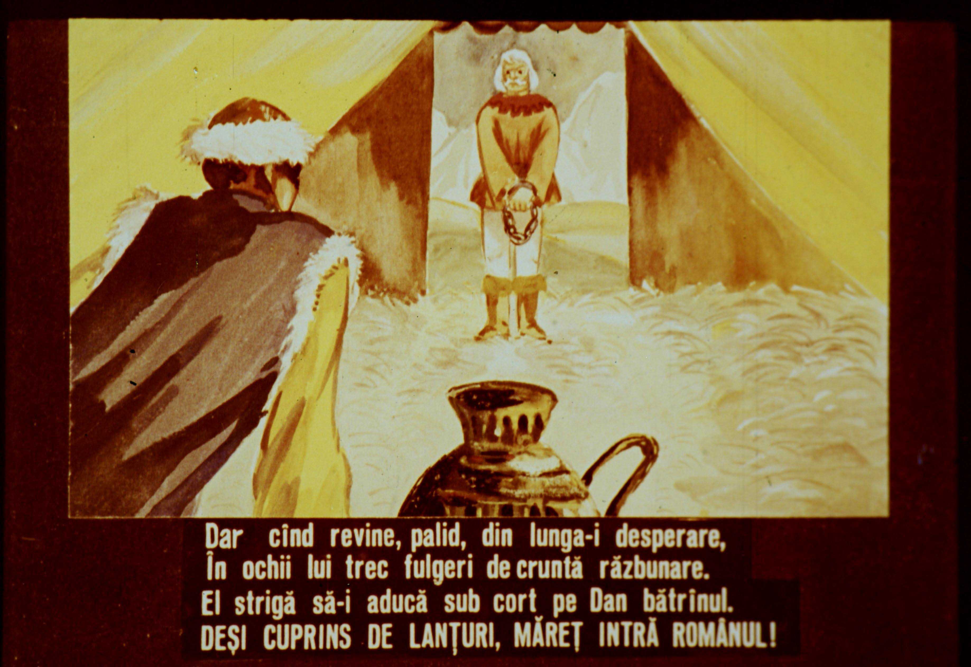 Imagine care ilustrează un moment dramatic, cu un personaj central și un alt personaj la distanță, în fața unui cort.