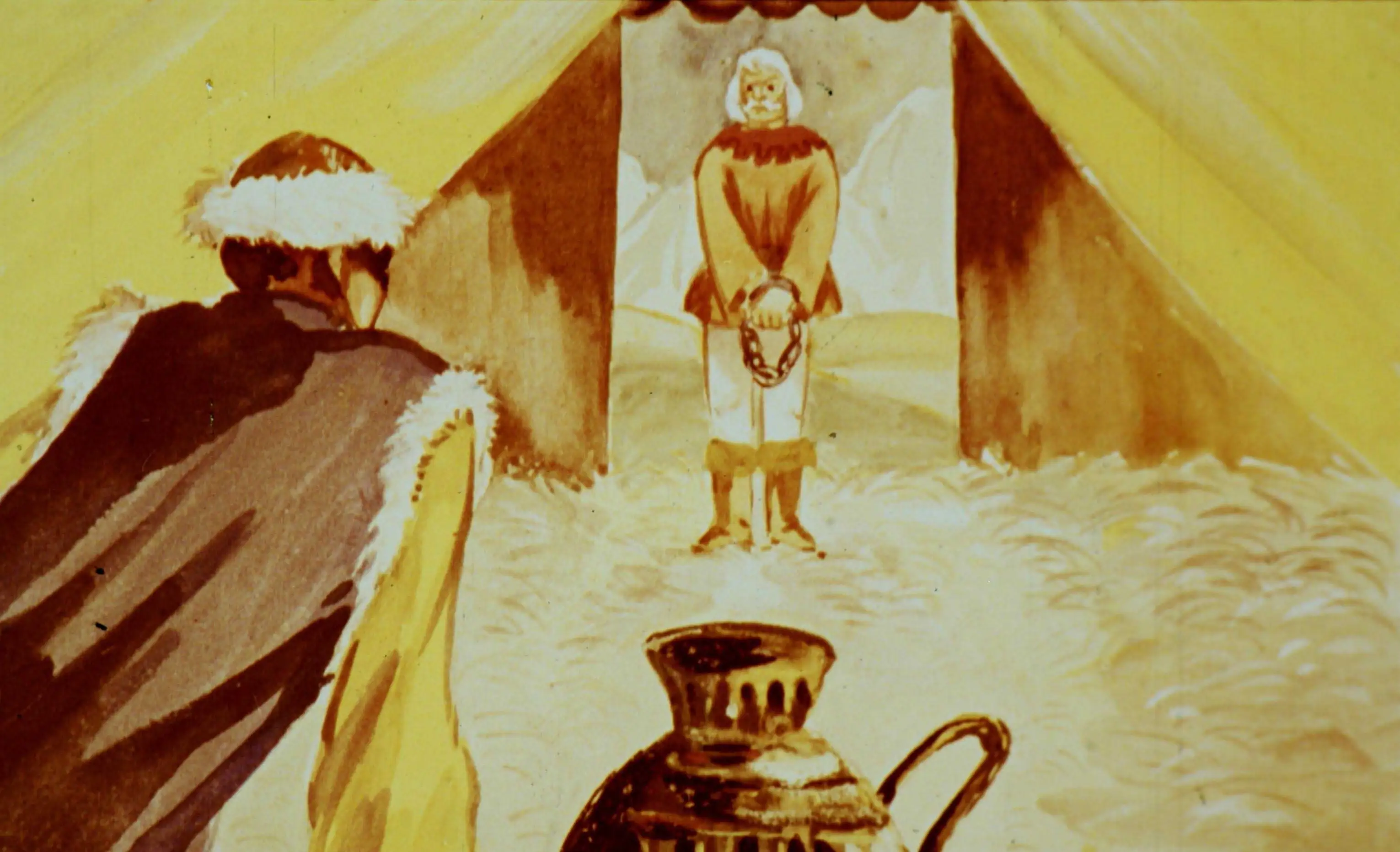 Imagine care ilustrează un moment dramatic, cu un personaj central și un alt personaj la distanță, în fața unui cort.