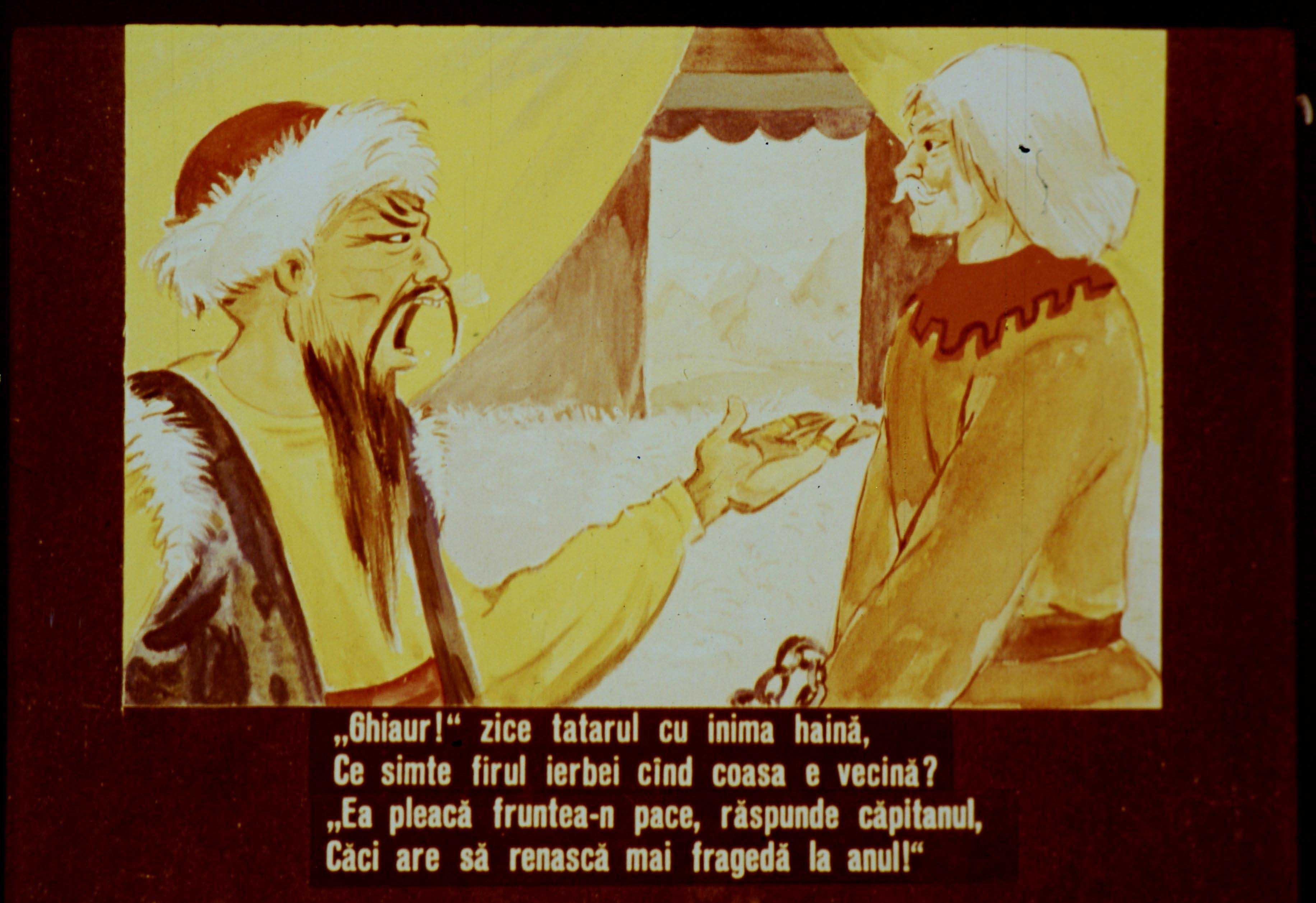 Ilustrație care conține un dialog între un tată și un căpitan, exprimând o reflecție asupra naturii.