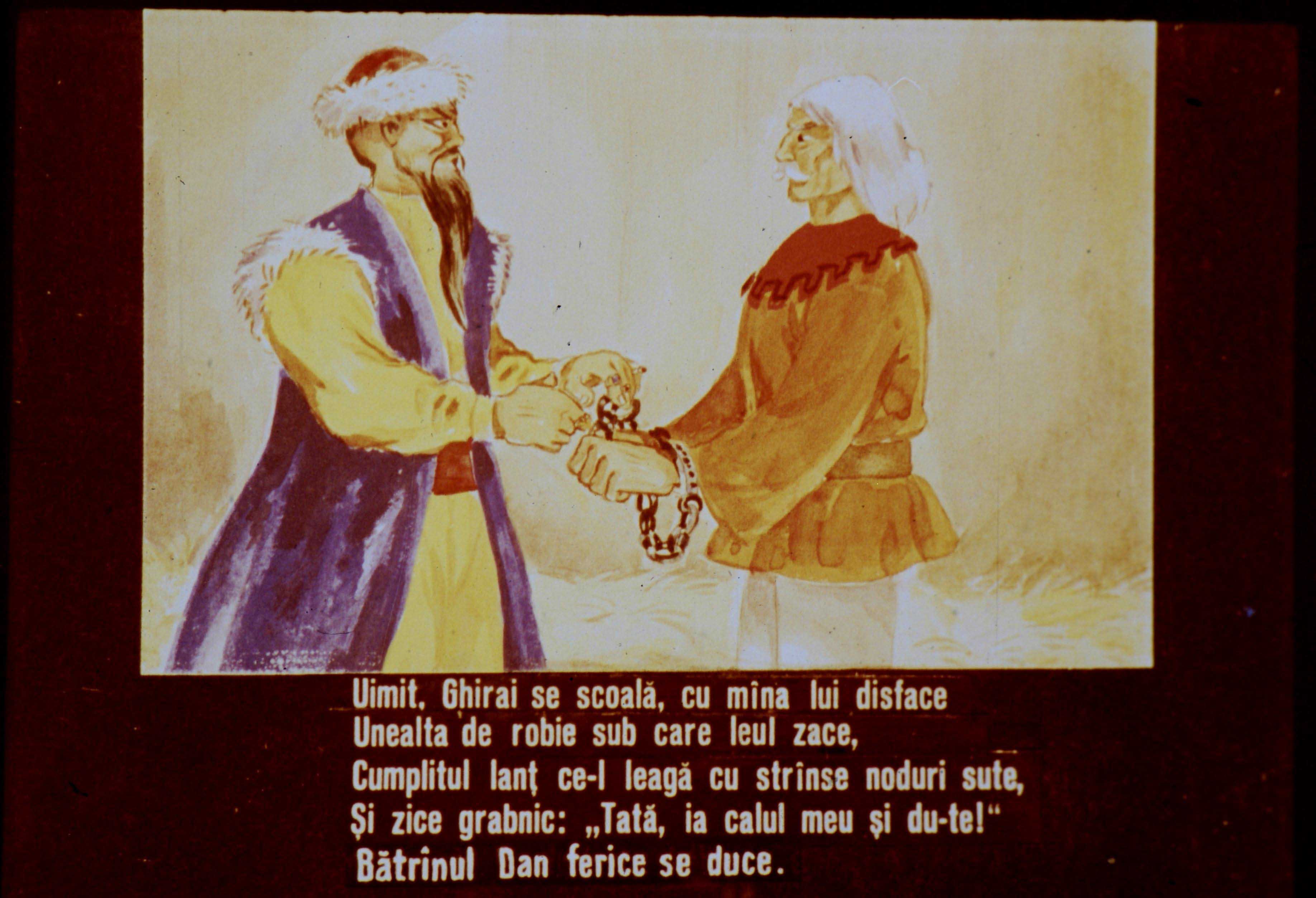 Ilustrație care arată doi bărbați interactând, unul ținând în mână un lanț iar celălalt având un aspect îngrijorat, cu text asociat deasupra.