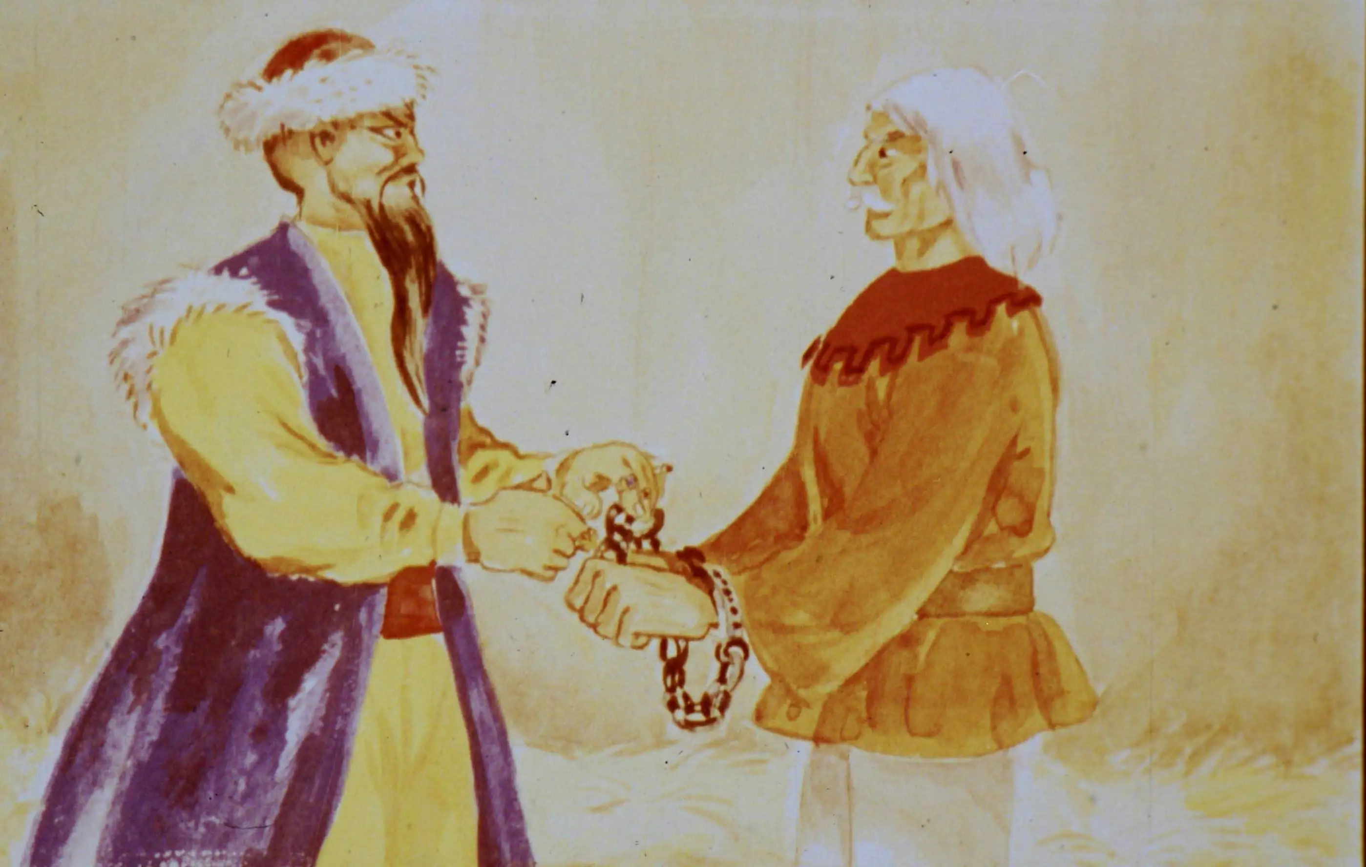 Ilustrație care arată doi bărbați interactând, unul ținând în mână un lanț iar celălalt având un aspect îngrijorat, cu text asociat deasupra.