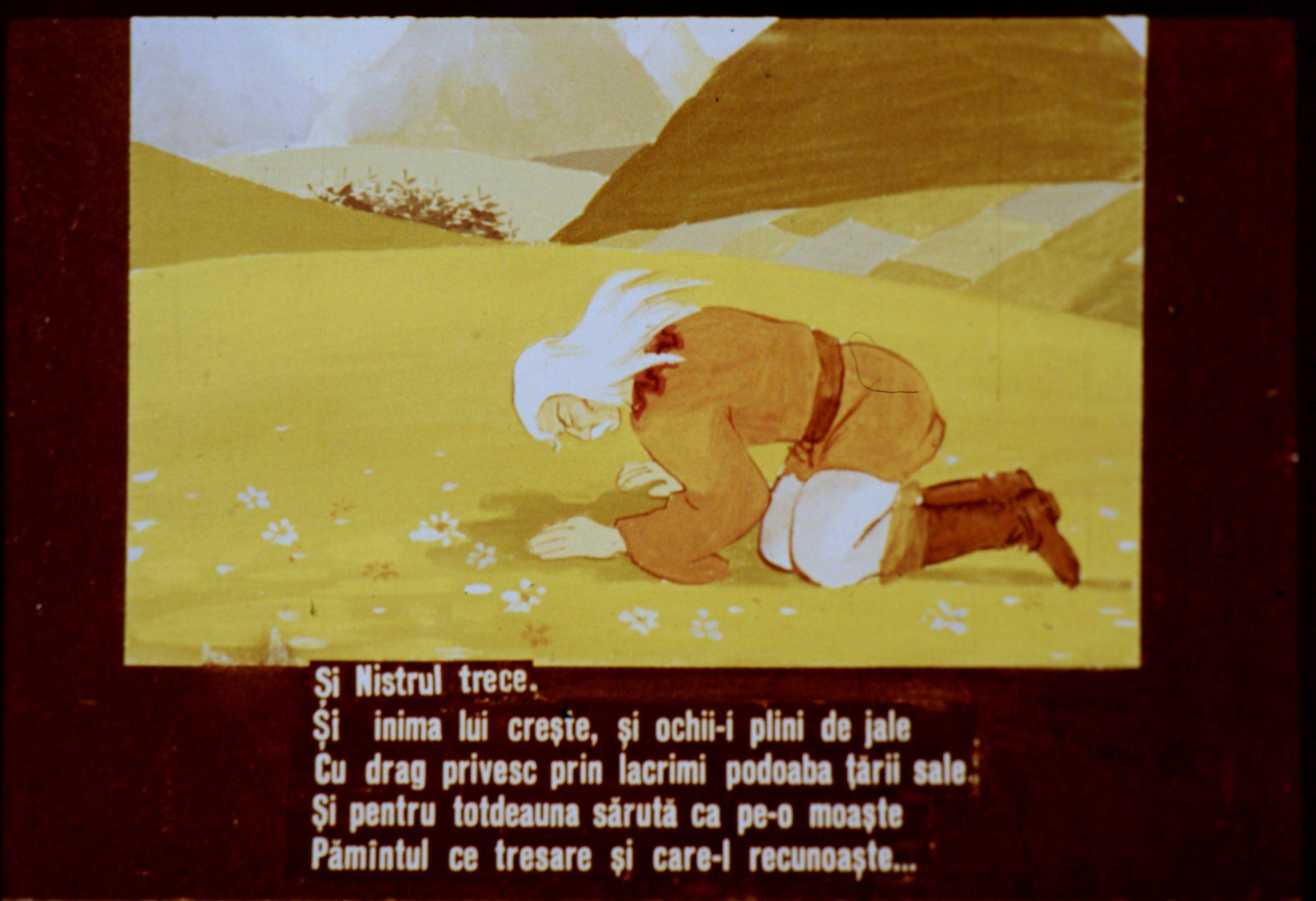 Un peisaj cu un personaj ghemuit pe pământ, înconjurat de flori și cu un fundal de munți, ilustrând emoții profunde și legătura cu natura.