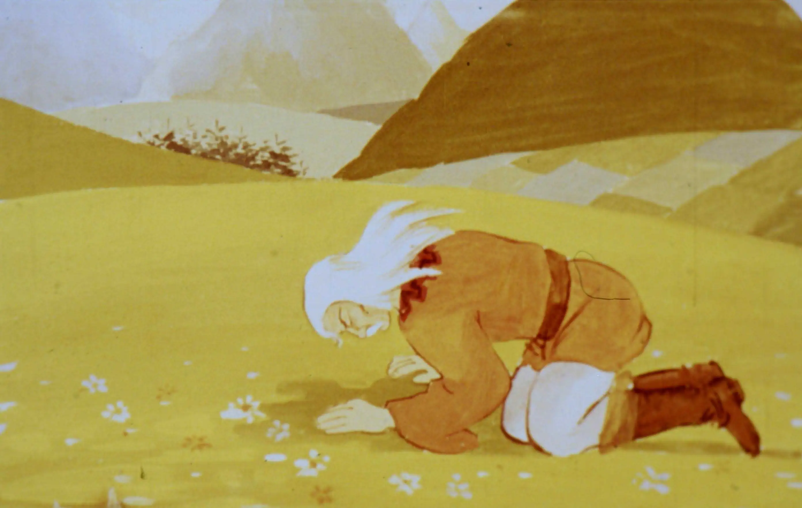 Un peisaj cu un personaj ghemuit pe pământ, înconjurat de flori și cu un fundal de munți, ilustrând emoții profunde și legătura cu natura.