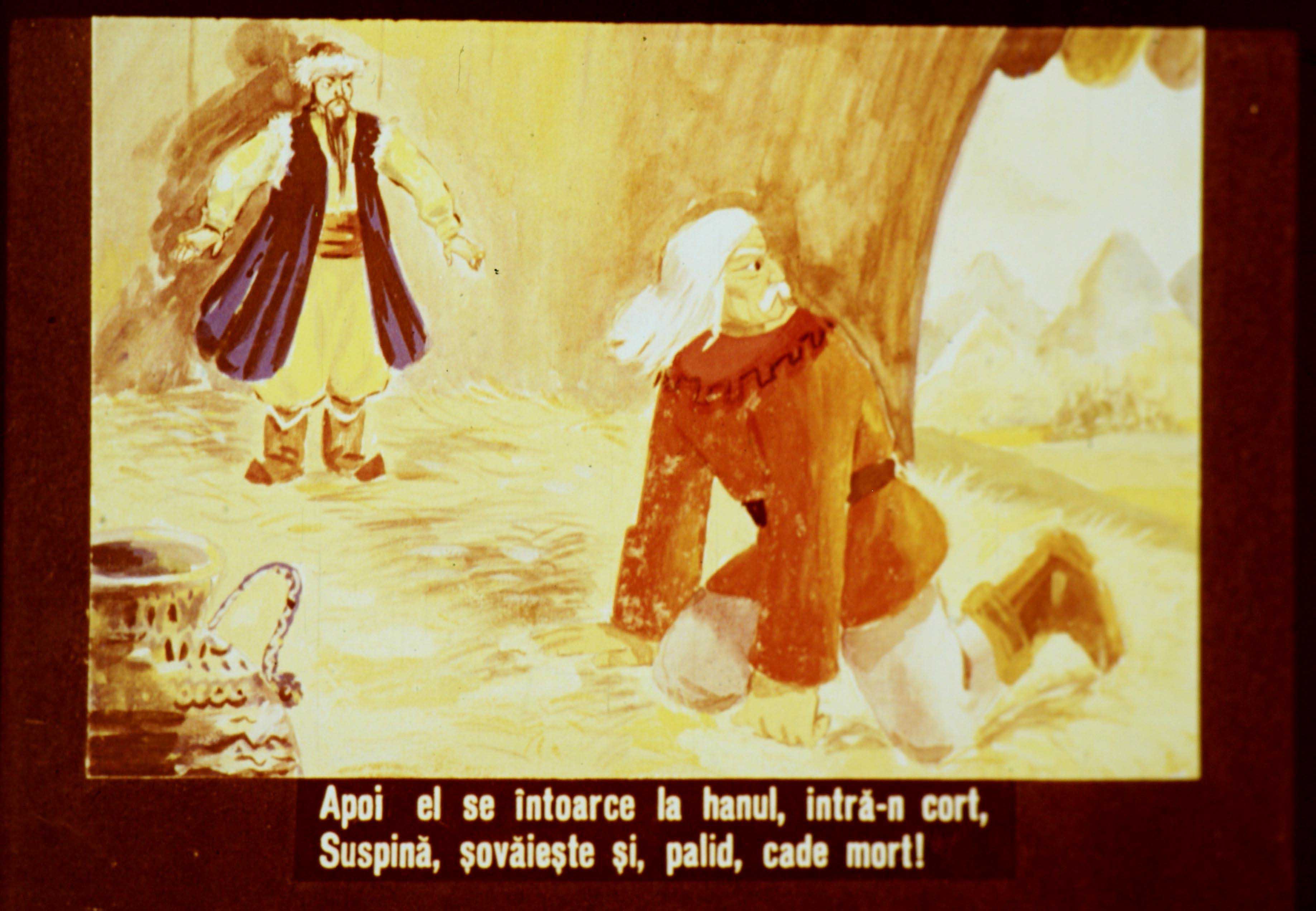 Ilustrație care prezintă un moment dramatic, cu texte explicative despre o întoarcere în han și o stare de dificultate a unui personaj.