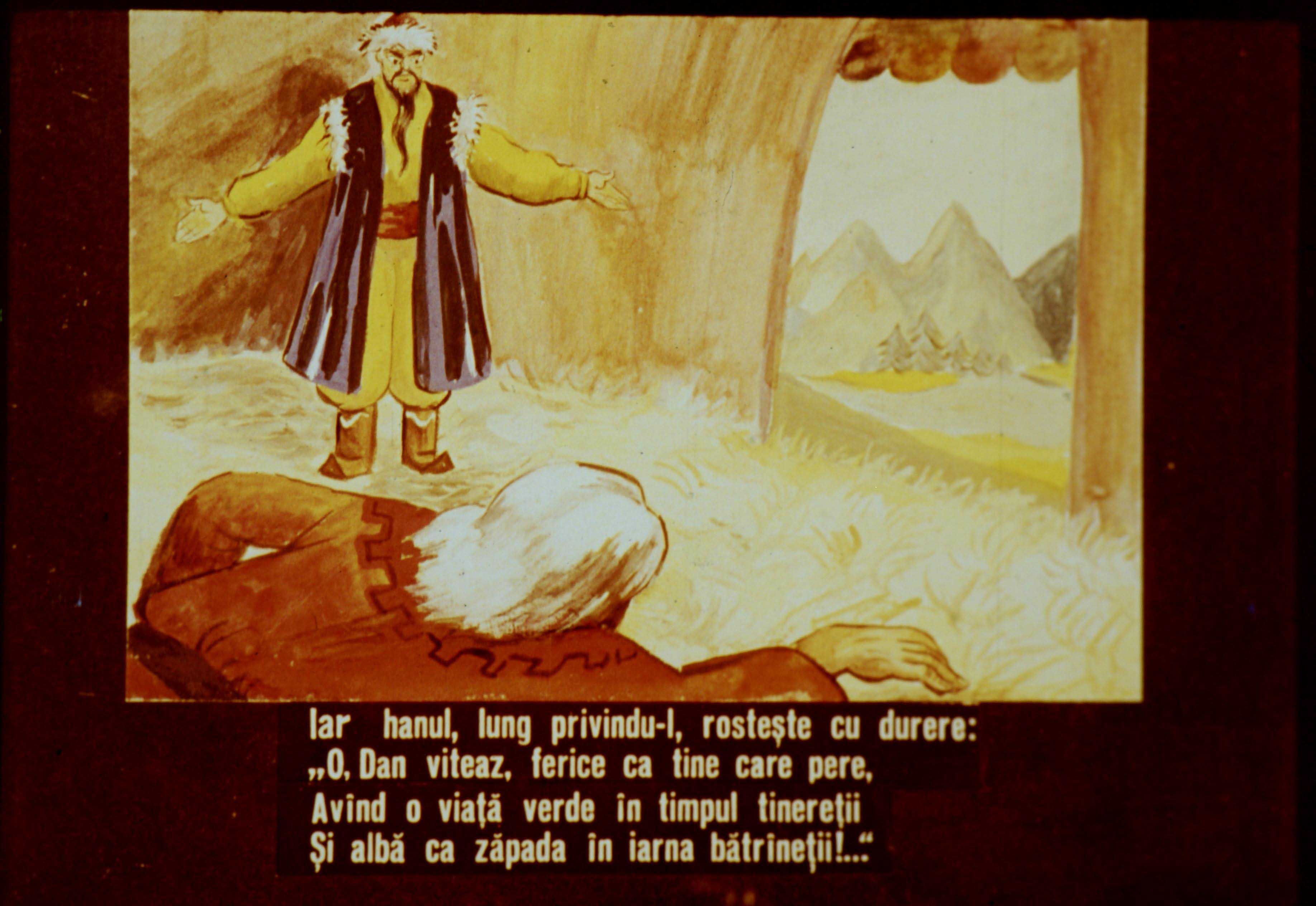 Ilustrație cu un personaj care vorbește despre tinerețe și bătrânețe într-un han.