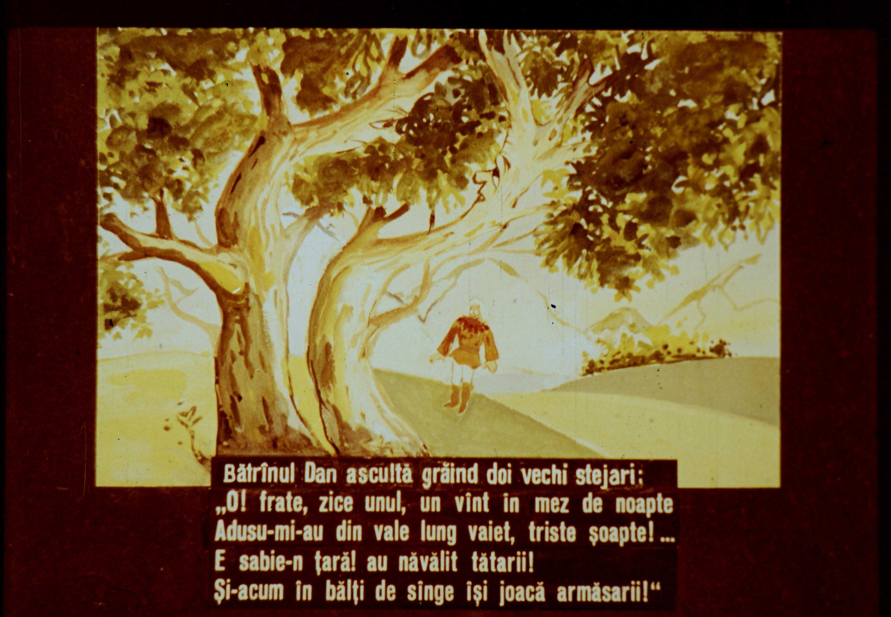 Imaginea ilustrează un bătrân care ascultă doi stejari vechi, cu un text literar scris în partea de jos, care vorbește despre un vânt și invazia tătarilor.