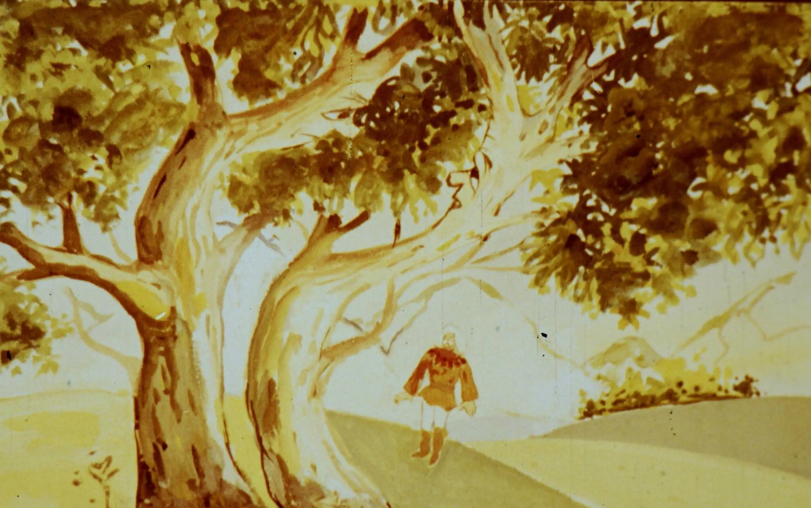 Imaginea ilustrează un bătrân care ascultă doi stejari vechi, cu un text literar scris în partea de jos, care vorbește despre un vânt și invazia tătarilor.