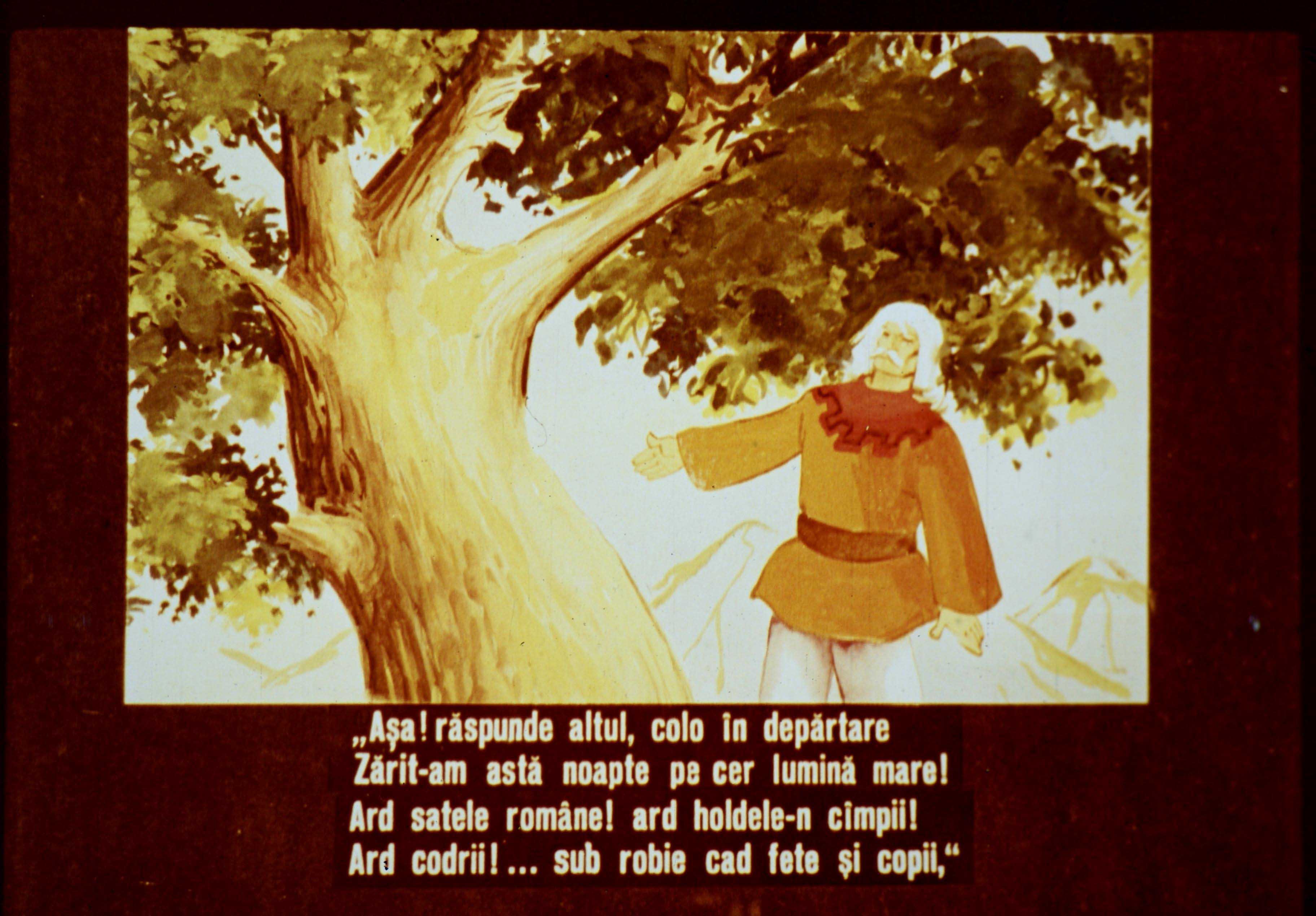 Un text scris pe un fundal colorat care conține un fragment literar.