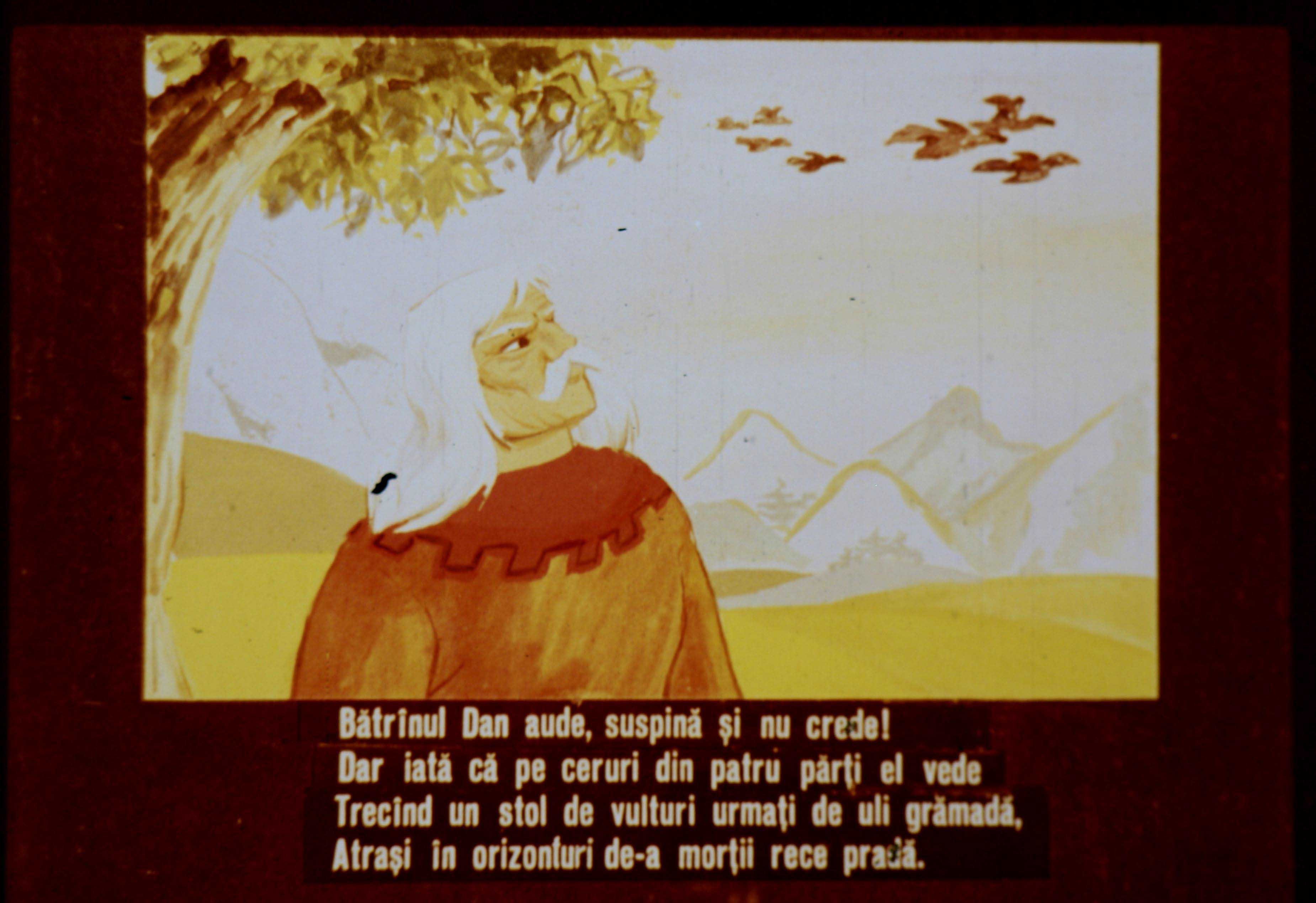 Ilustrație a unui bătrân privind spre cer, cu un peisaj în fundal și text asociat.