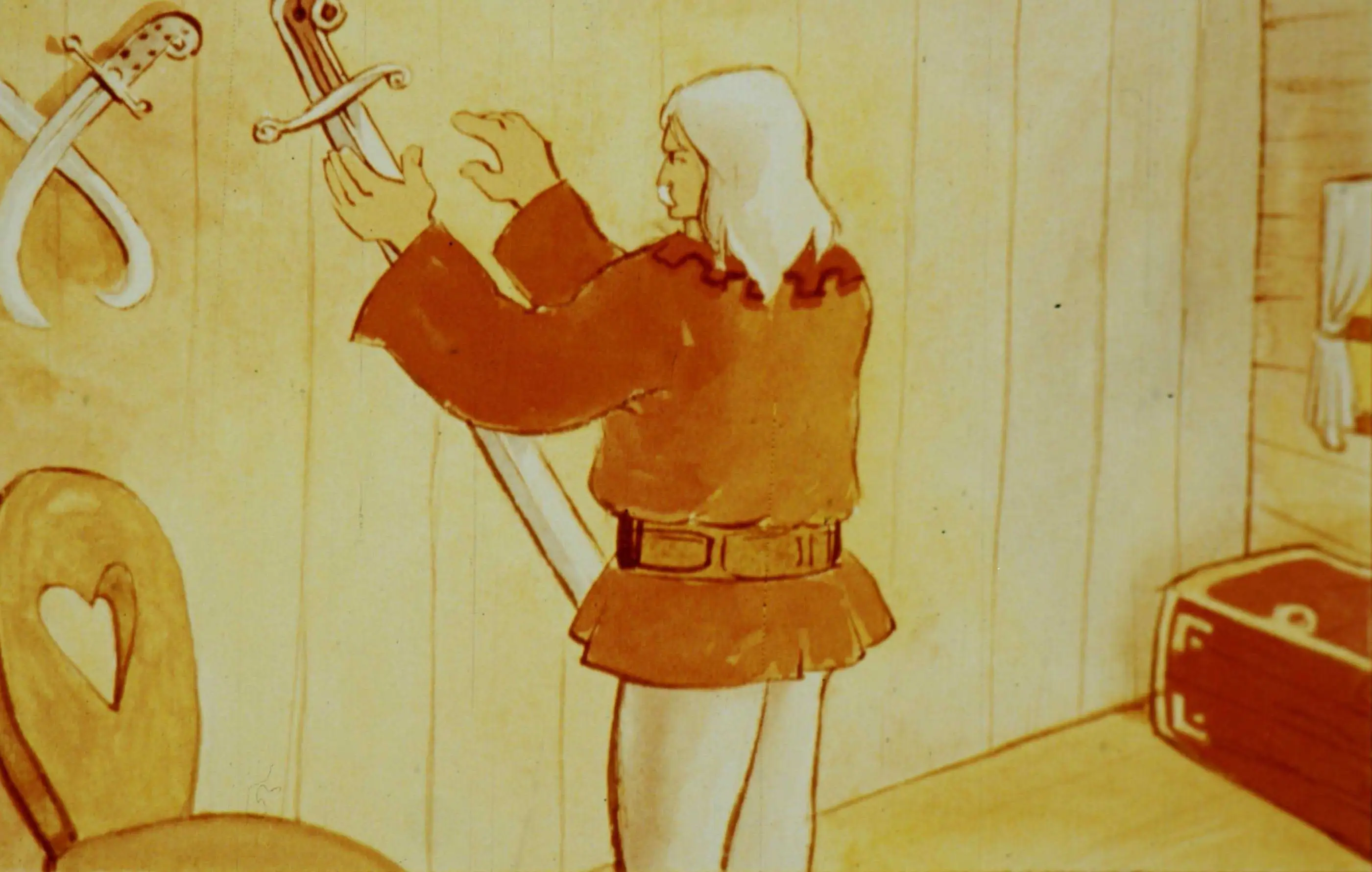 Un bătrân în haine tradiționale desprinde un palos din cui, iar arma strălucește în mâna sa.