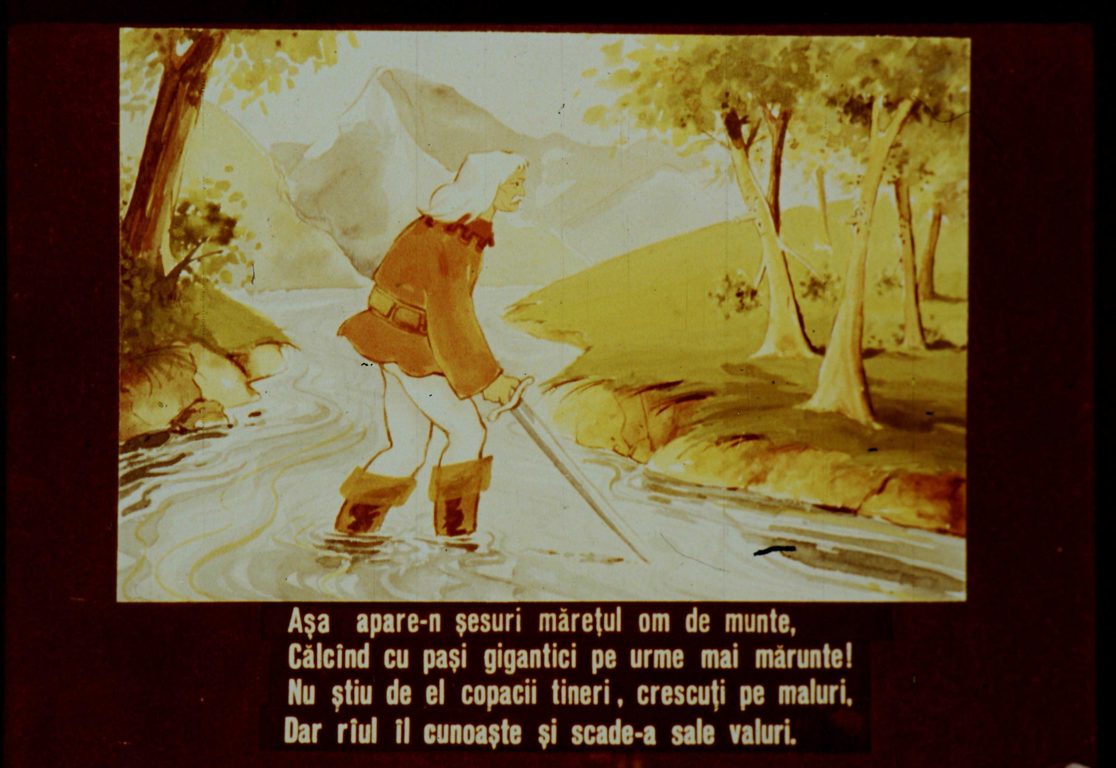 Imaginea ilustrează un om de munte care traversează un râu, cu copaci și munți în fundal, însoțit de un text poetico-literar.