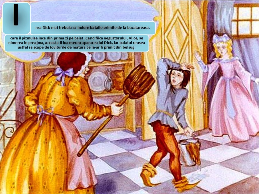 Ilustrație colorată cu un băiat care se apără de o femeie cu o mătură, iar o altă femeie privește. Contextul sugerează o poveste cu personaje dintr-o poveste clasică.
