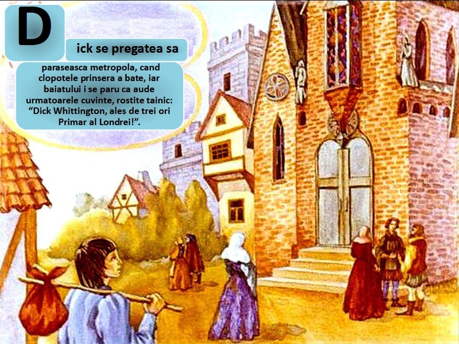Ilustrație medievală cu personaje, clădiri și peisaj, în fundal un text scris despre Dick Whittington.