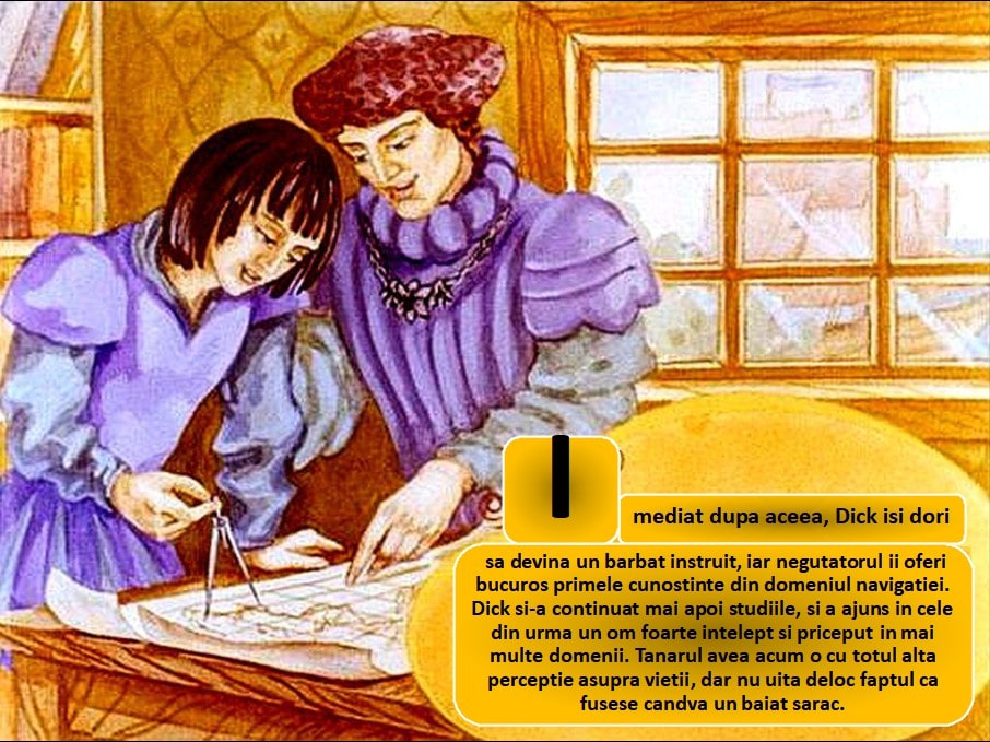 Ilustrare colorata a doi tineri discutand, cu text explicativ despre educatia personajului Dick.
