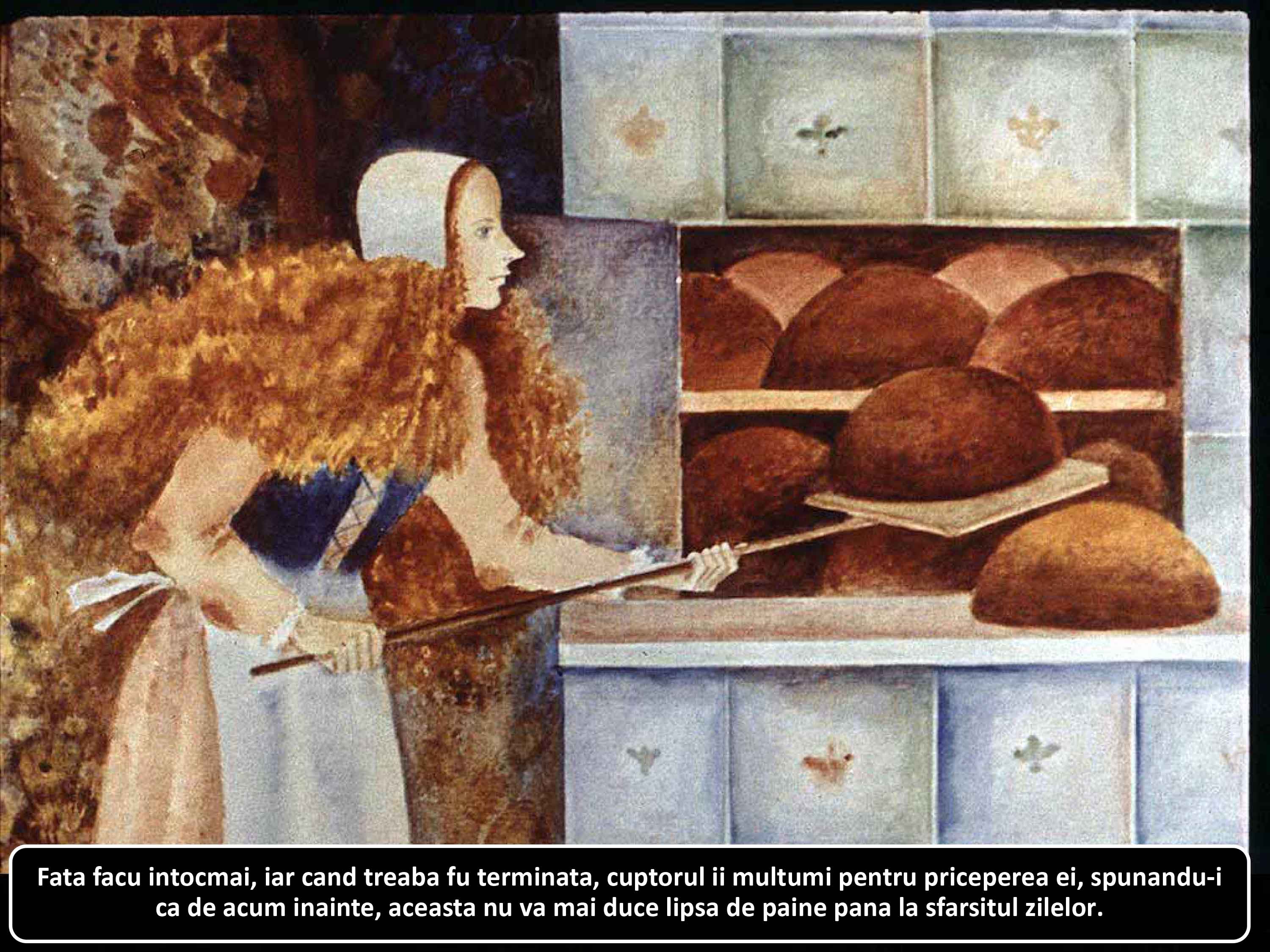 O fată care scoate pâini din cuptor, cu un zâmbet de satisfacție, într-un peisaj artistic.