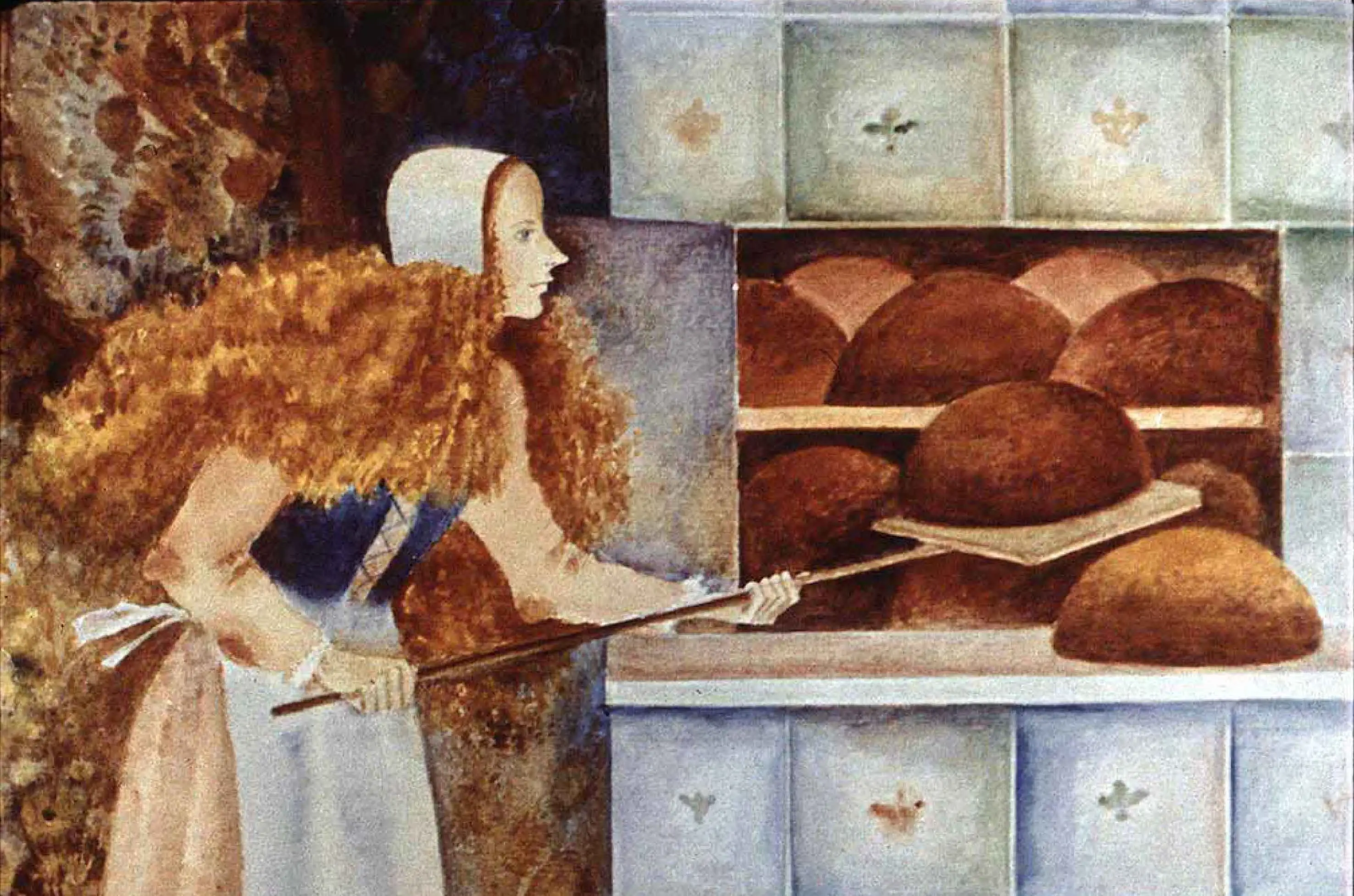 O fată care scoate pâini din cuptor, cu un zâmbet de satisfacție, într-un peisaj artistic.