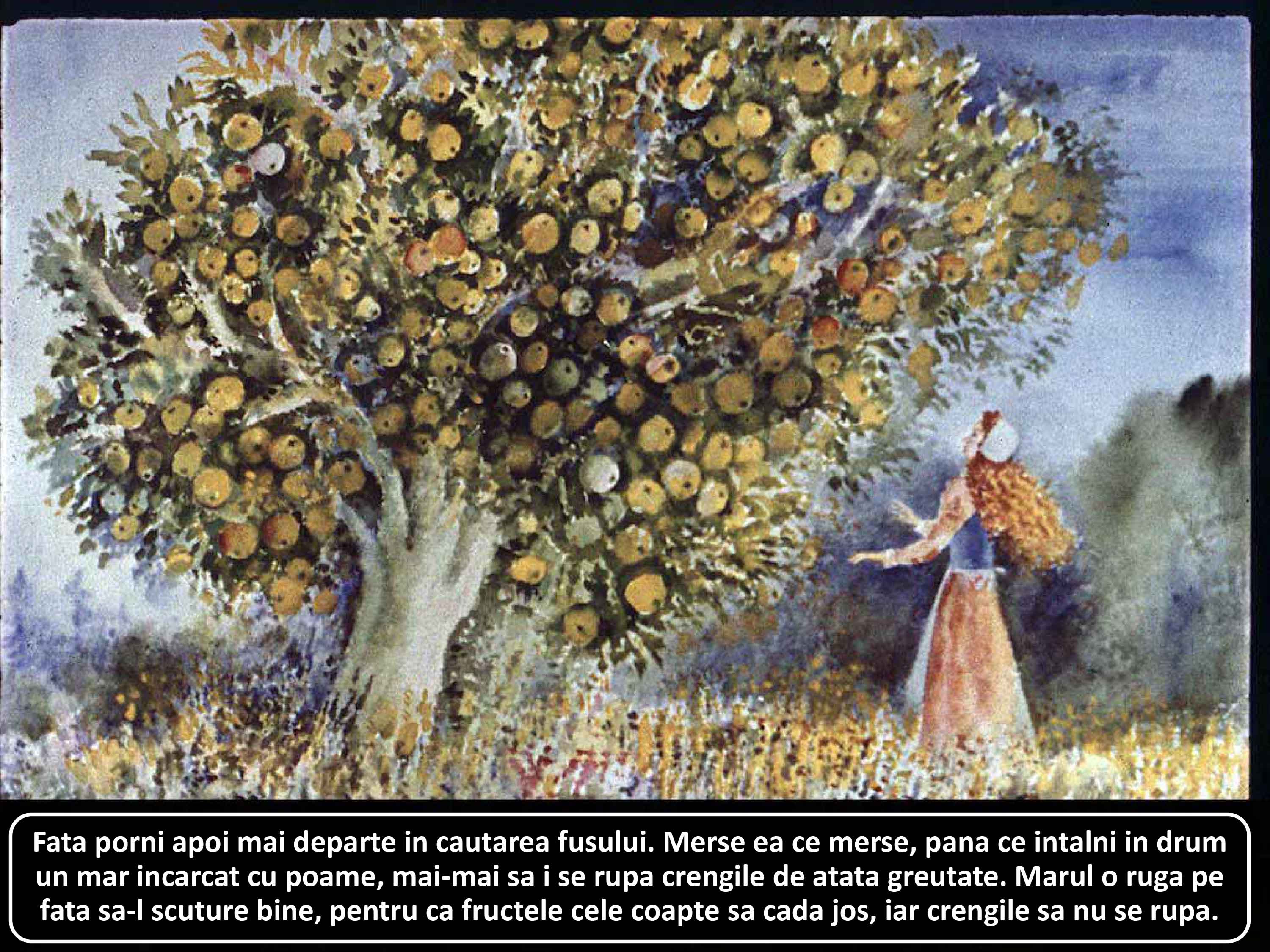 O fată stă lângă un pom fructifer plin de mere, admirându-l în timp ce discută despre culesul fructelor.