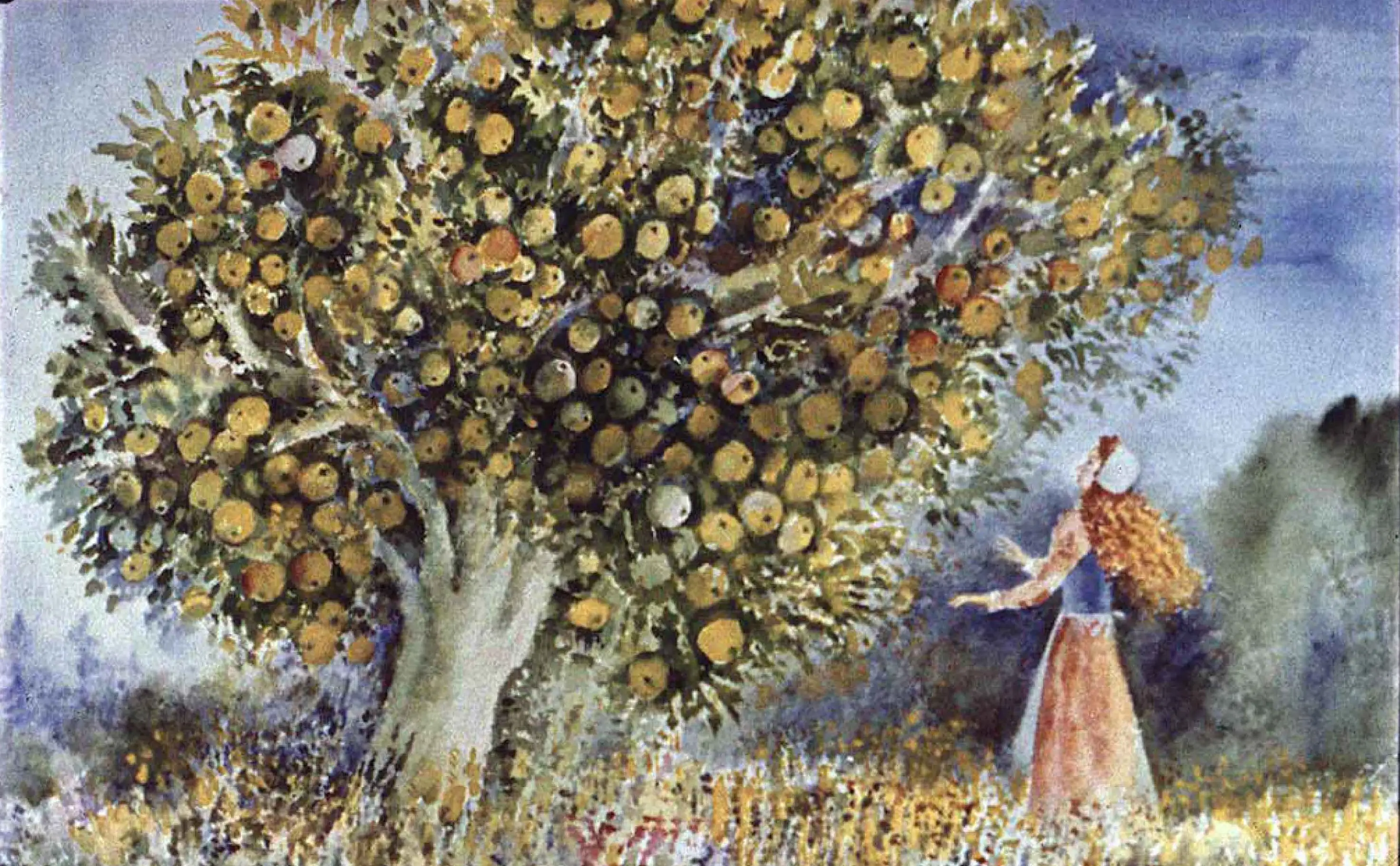 O fată stă lângă un pom fructifer plin de mere, admirându-l în timp ce discută despre culesul fructelor.