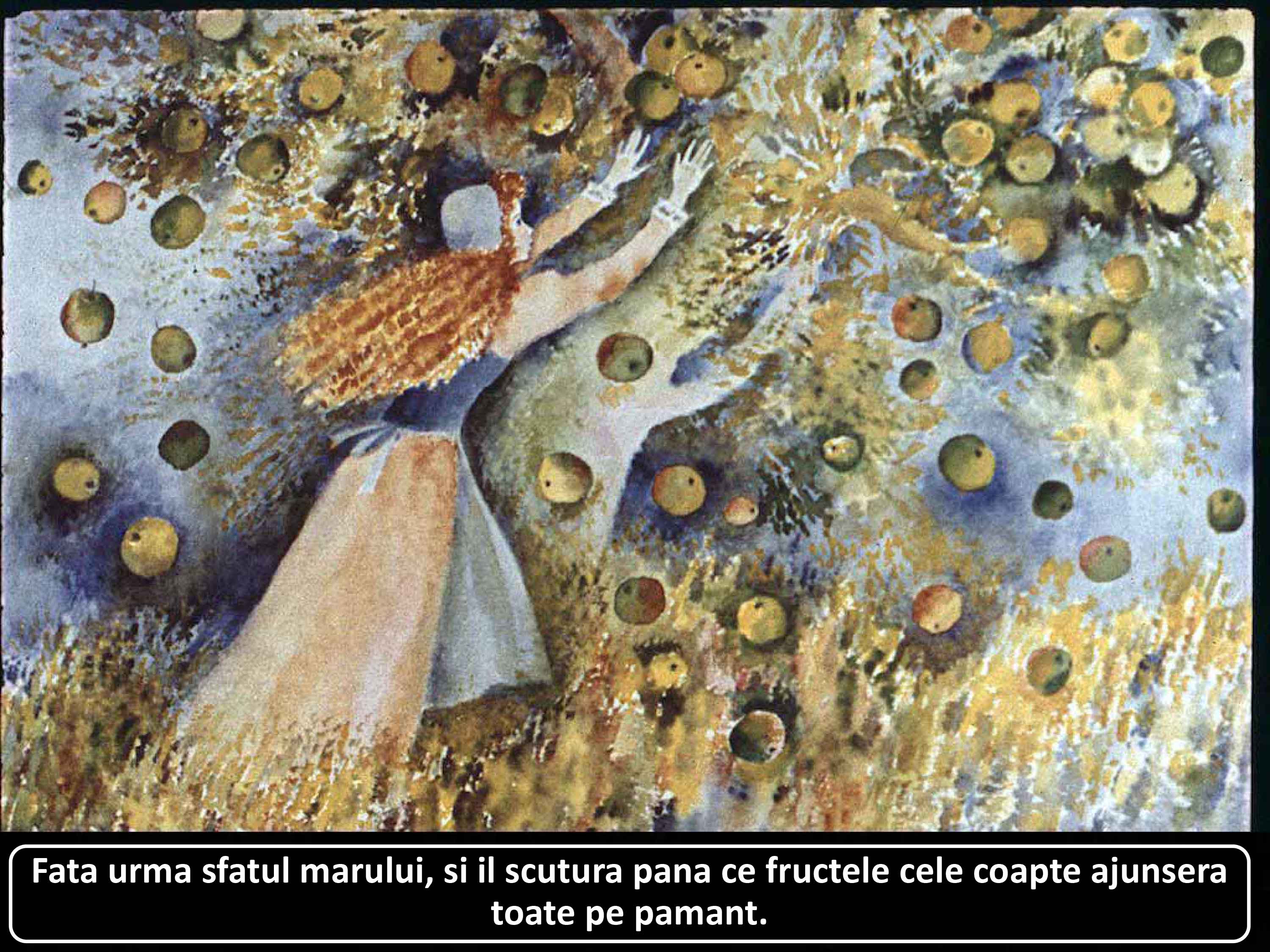 O femeie care culege mere dintr-un pom, înconjurată de fructe căzute pe pământ.