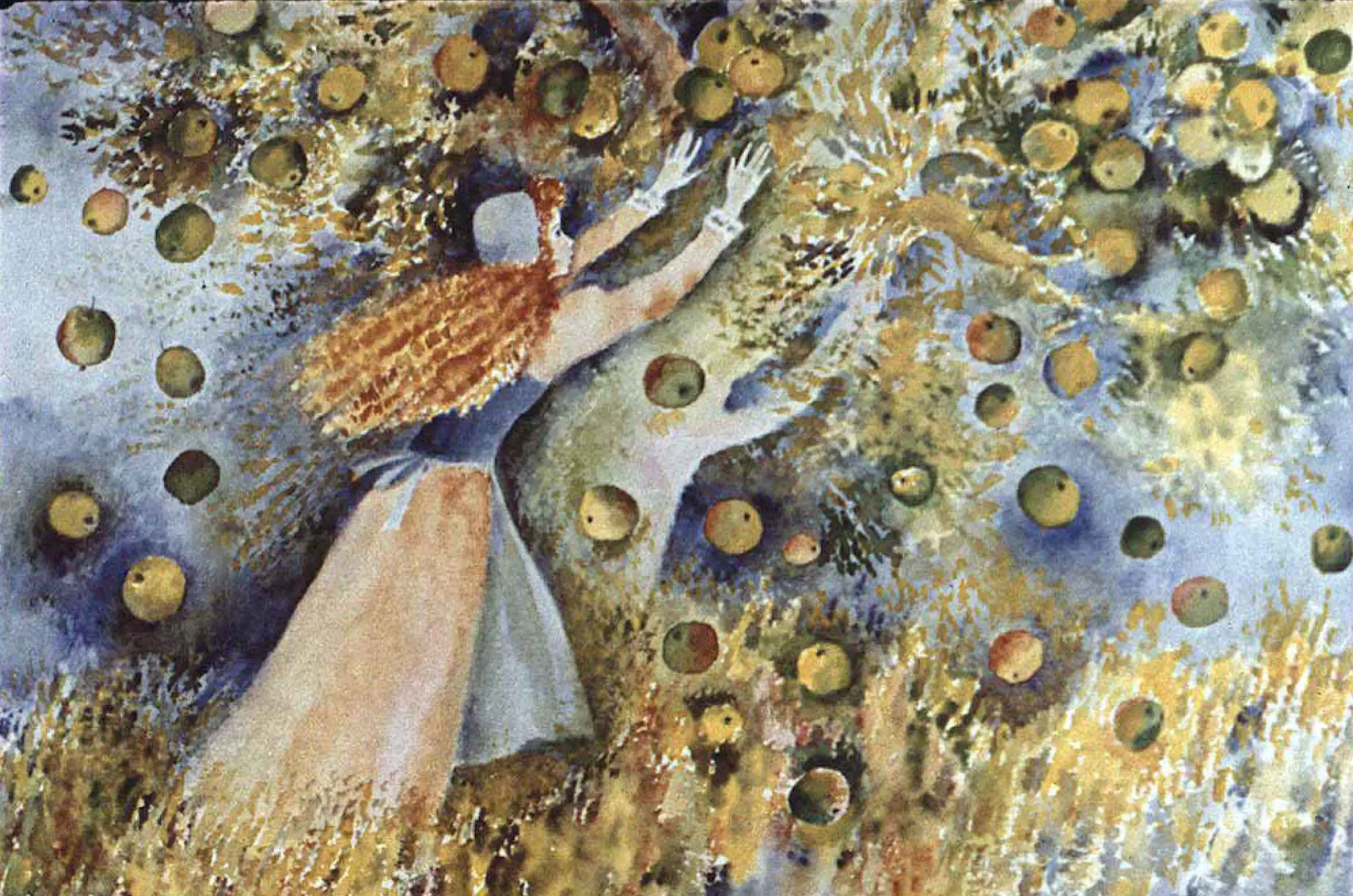 O femeie care culege mere dintr-un pom, înconjurată de fructe căzute pe pământ.