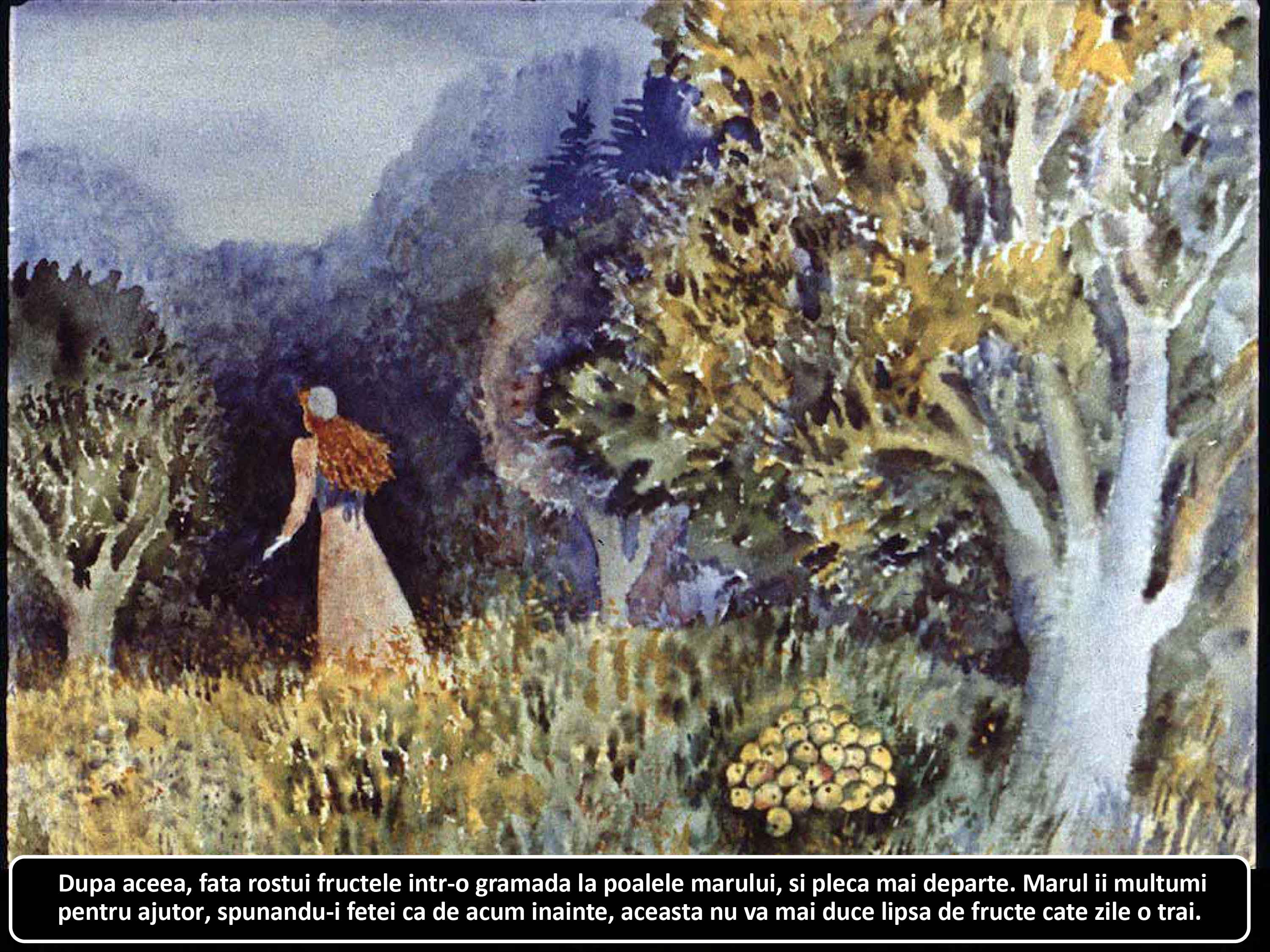 Ilustrație care prezintă o fată într-o livadă, înconjurată de copaci și trunchiuri, cu un peisaj vibrant, simbolizând ajutorul și recunoștința față de natură.