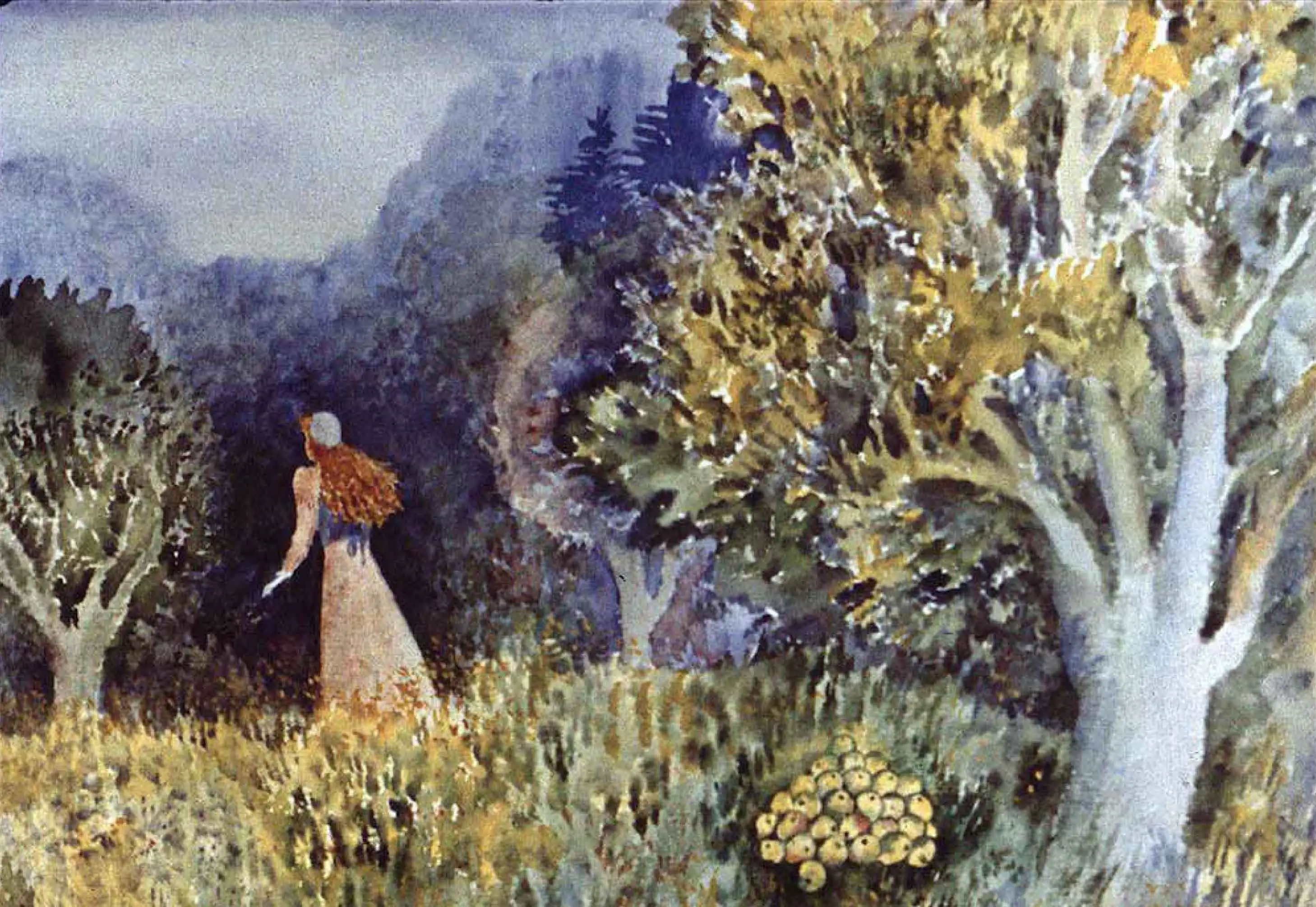 Ilustrație care prezintă o fată într-o livadă, înconjurată de copaci și trunchiuri, cu un peisaj vibrant, simbolizând ajutorul și recunoștința față de natură.