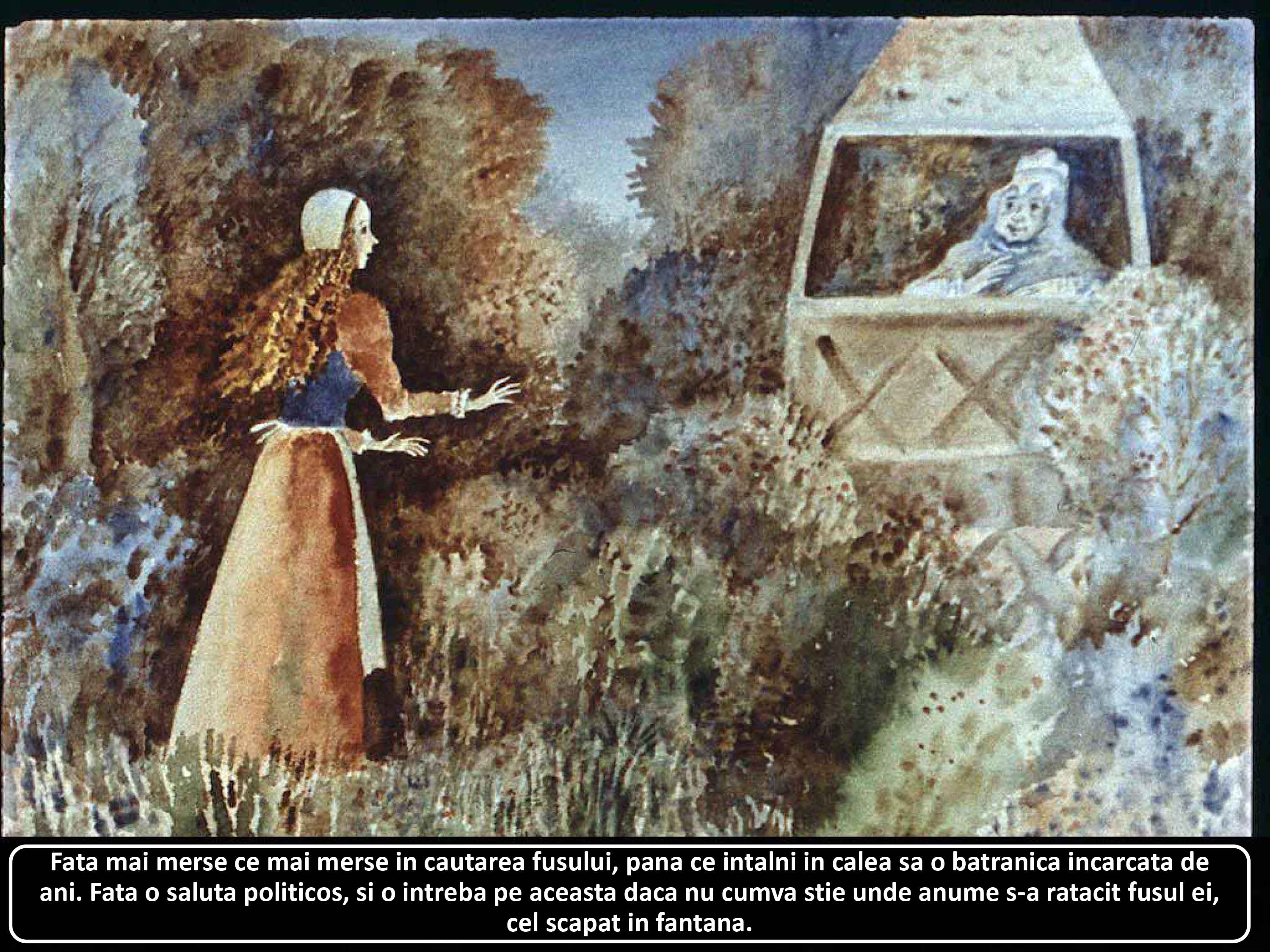 Ilustrație cu o fată care caută un fus și întâlnește o bătrână, având un peisaj natural în fundal.